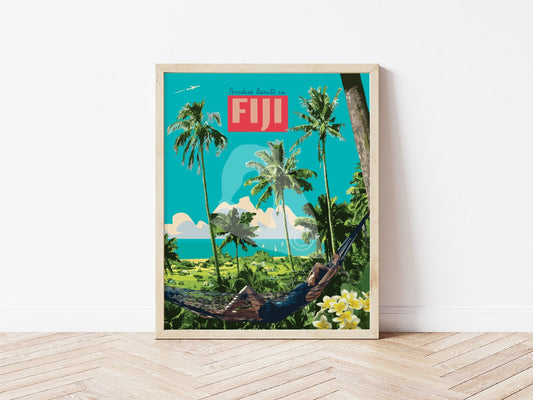 Fiji Beach Print, Fiji Poster, Fiji Vintage Style Travel Art