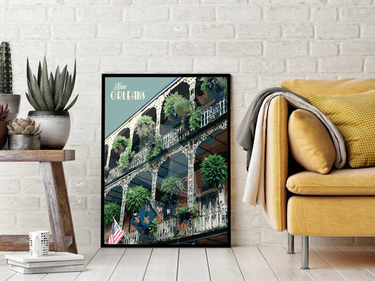 New Orleans Print, New Orleans French Quarters Poster, Vintage Style Travel Art