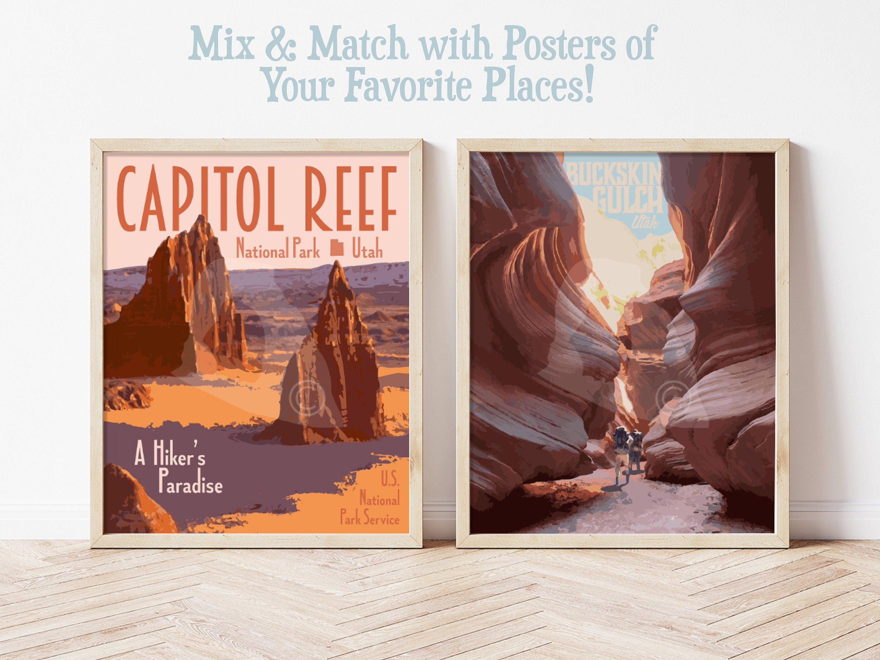 Buckskin Gulch Print, Slot Canyon Hiking Poster, Utah Vintage Style Travel Art