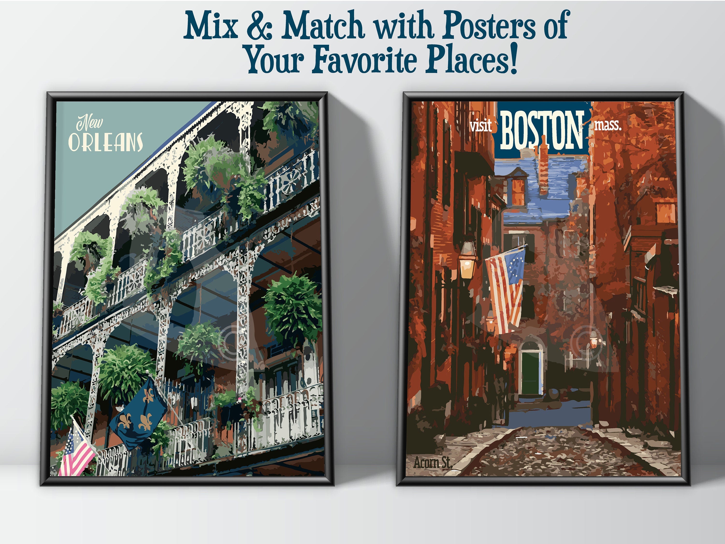 Boston Acorn Street Vintage Style Travel Poster, Boston Print