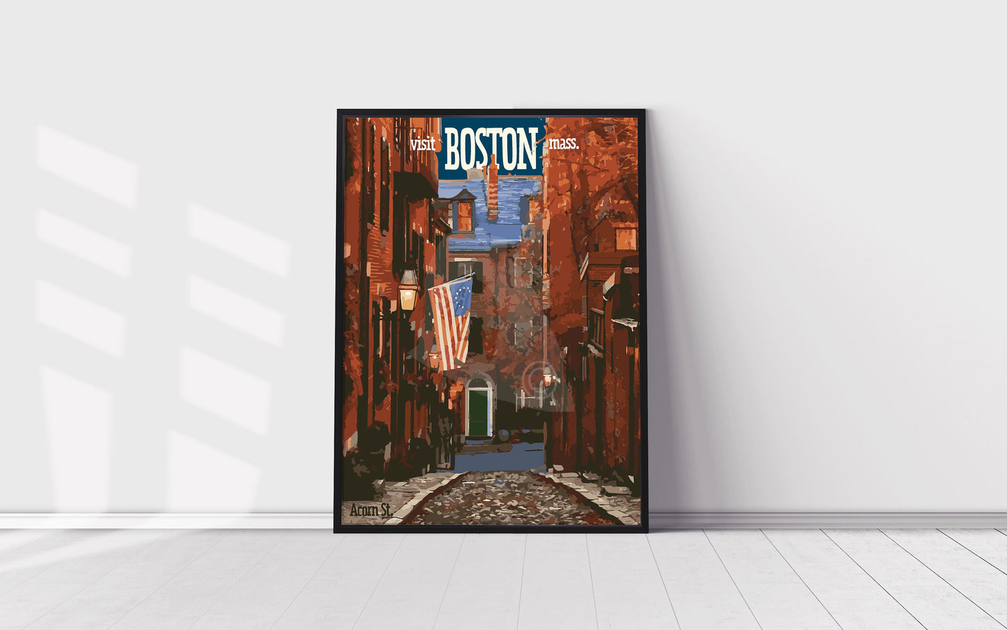 Boston Acorn Street Vintage Style Travel Poster, Boston Print