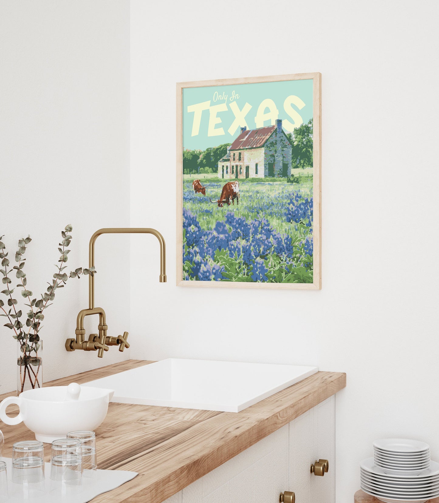 Texas Print, Texas Bluebonnet Poster, Texas Vintage Style Travel Art