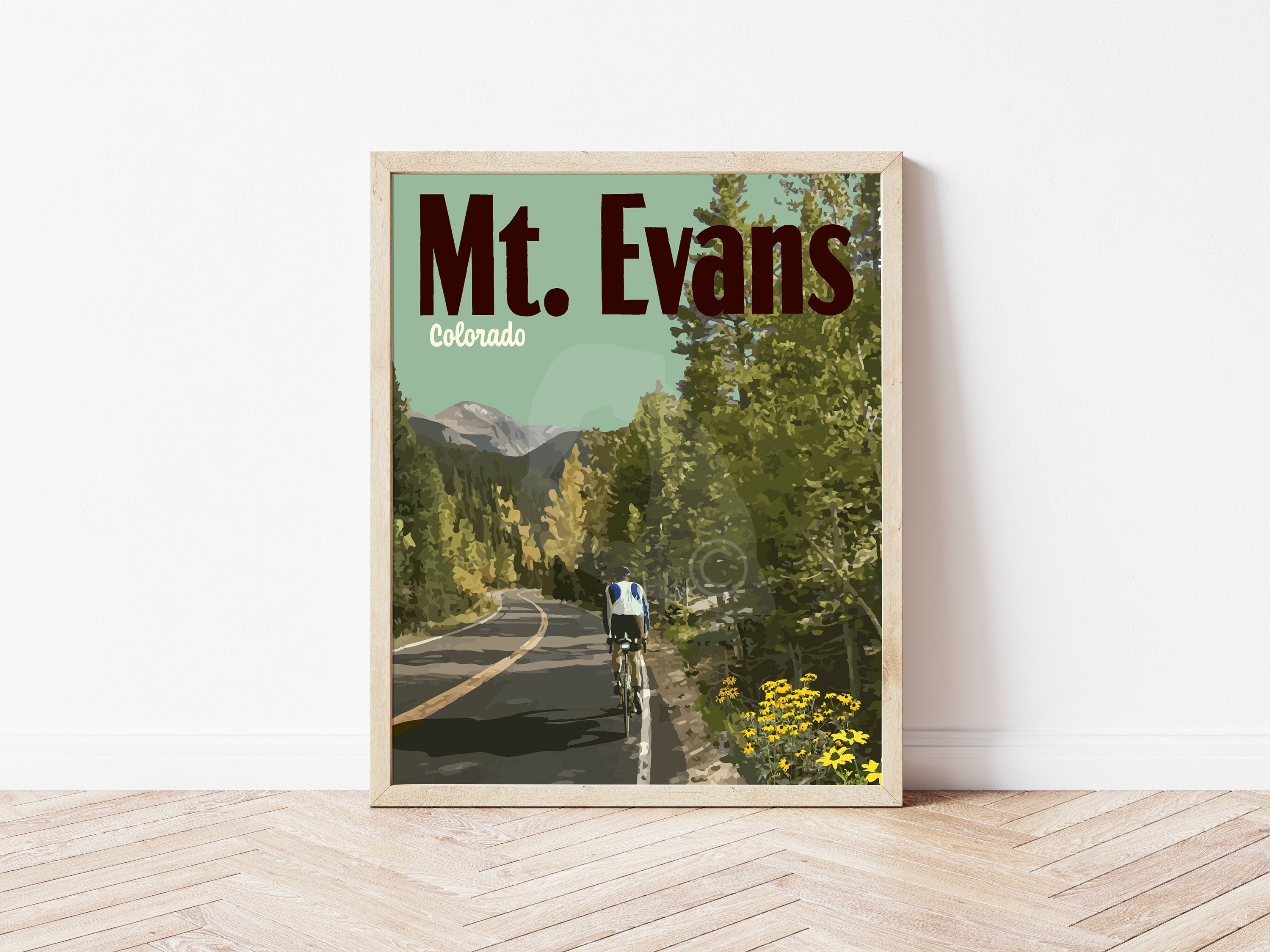 Mount Evans Print, Mt Evans Colorado Poster, Colorado Biking Print, Vintage Style Travel Art