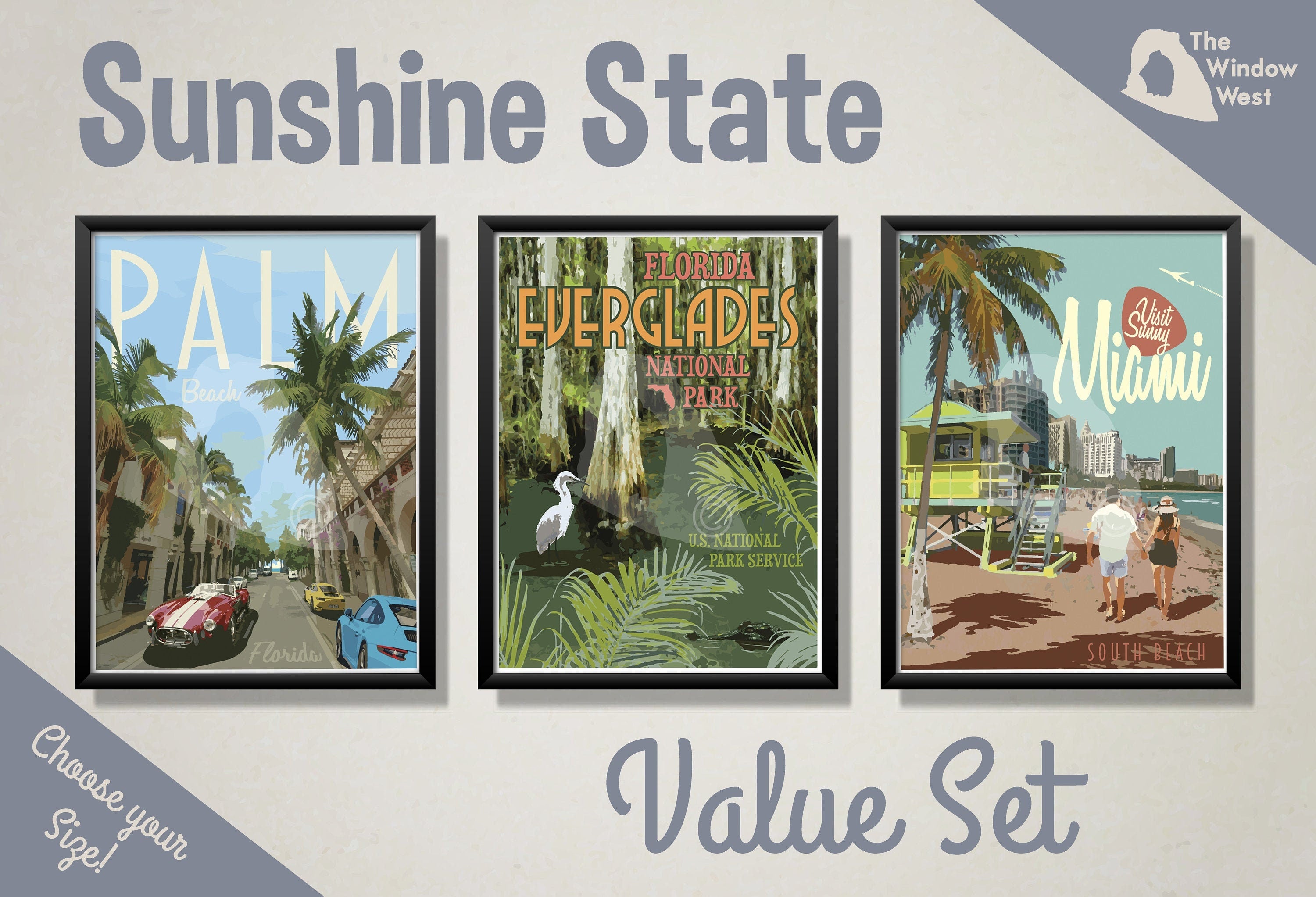 Florida Poster Value Set, Miami Poster, Palm Beach Poster, Everglades National Park Poster, Florida Vintage Style Travel Art, Three Print Value Set