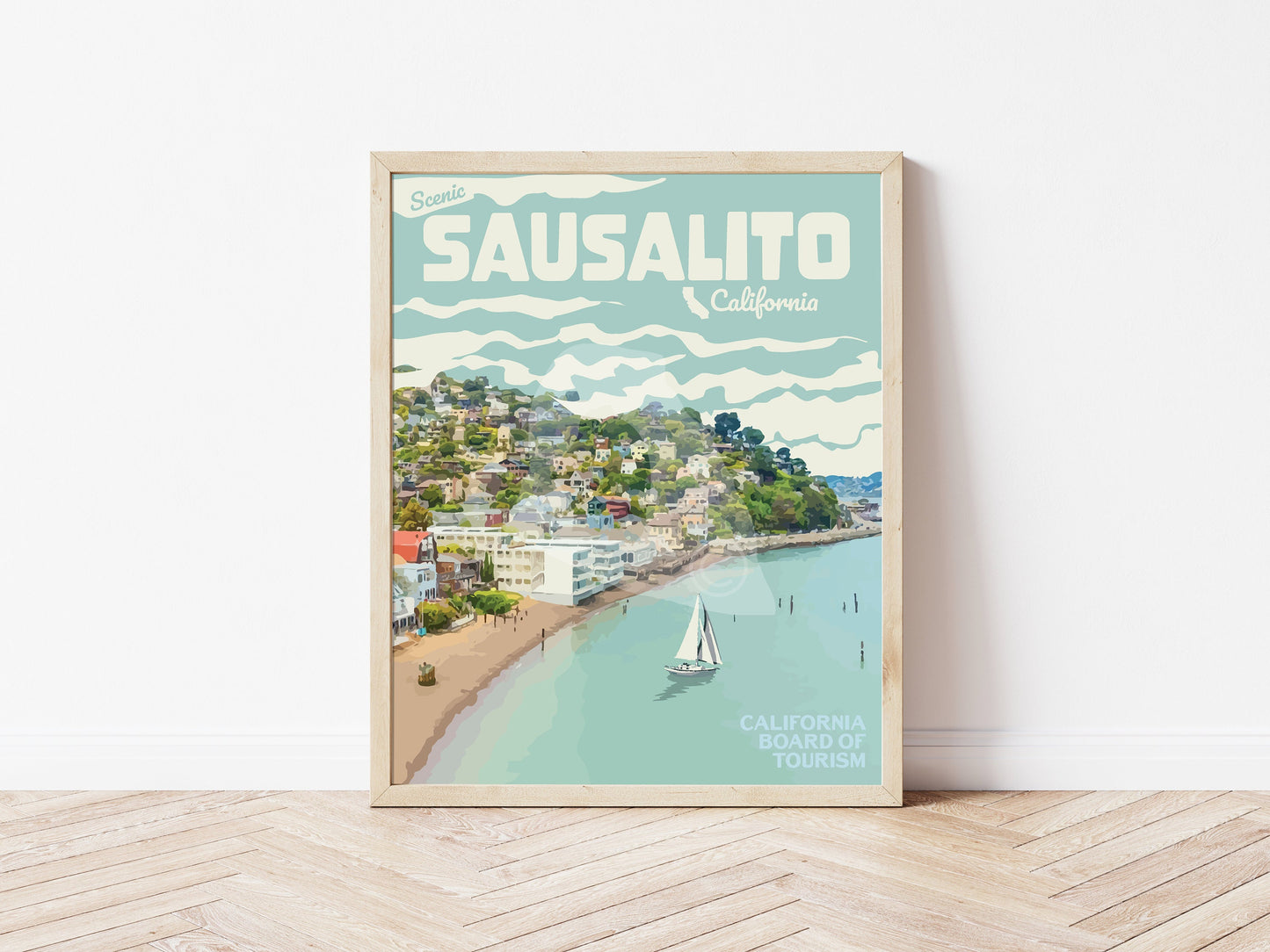 Sausalito California Print, Sausalito California Beach Poster, California Sailing Print, Vintage Style Travel Art