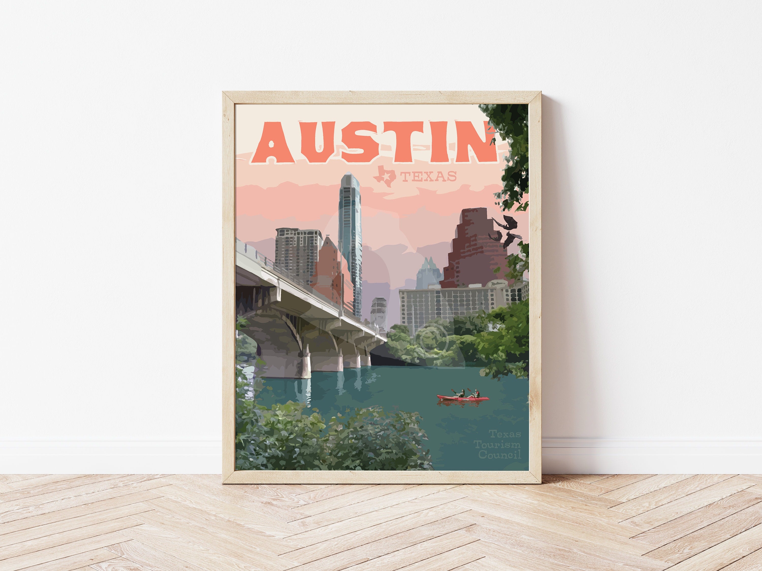 Austin Texas Vintage Style Travel Print, Austin City Print, Texas Art