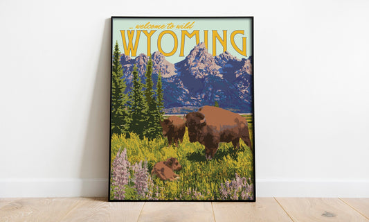Wyoming Mountains Print, Wyoming Grand Tetons Poster, Vintage Style Travel Art