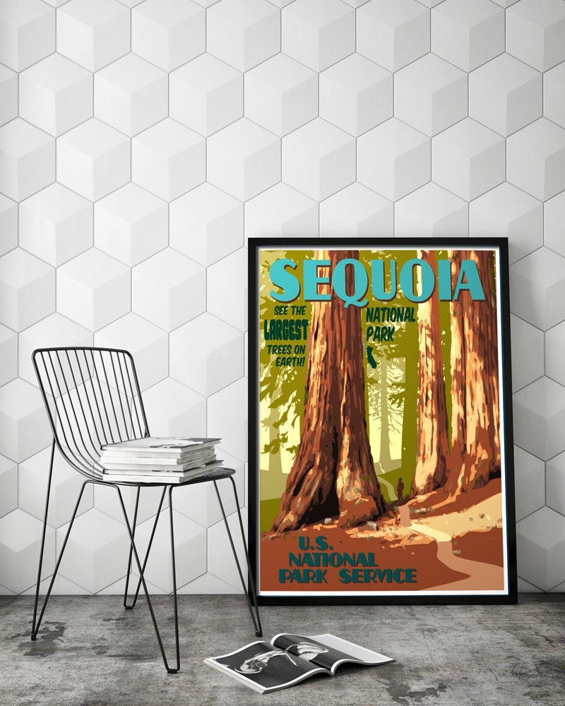 Sequoia National Park Print, Sequoia Redwoods Poster, California Vintage Style Travel Art