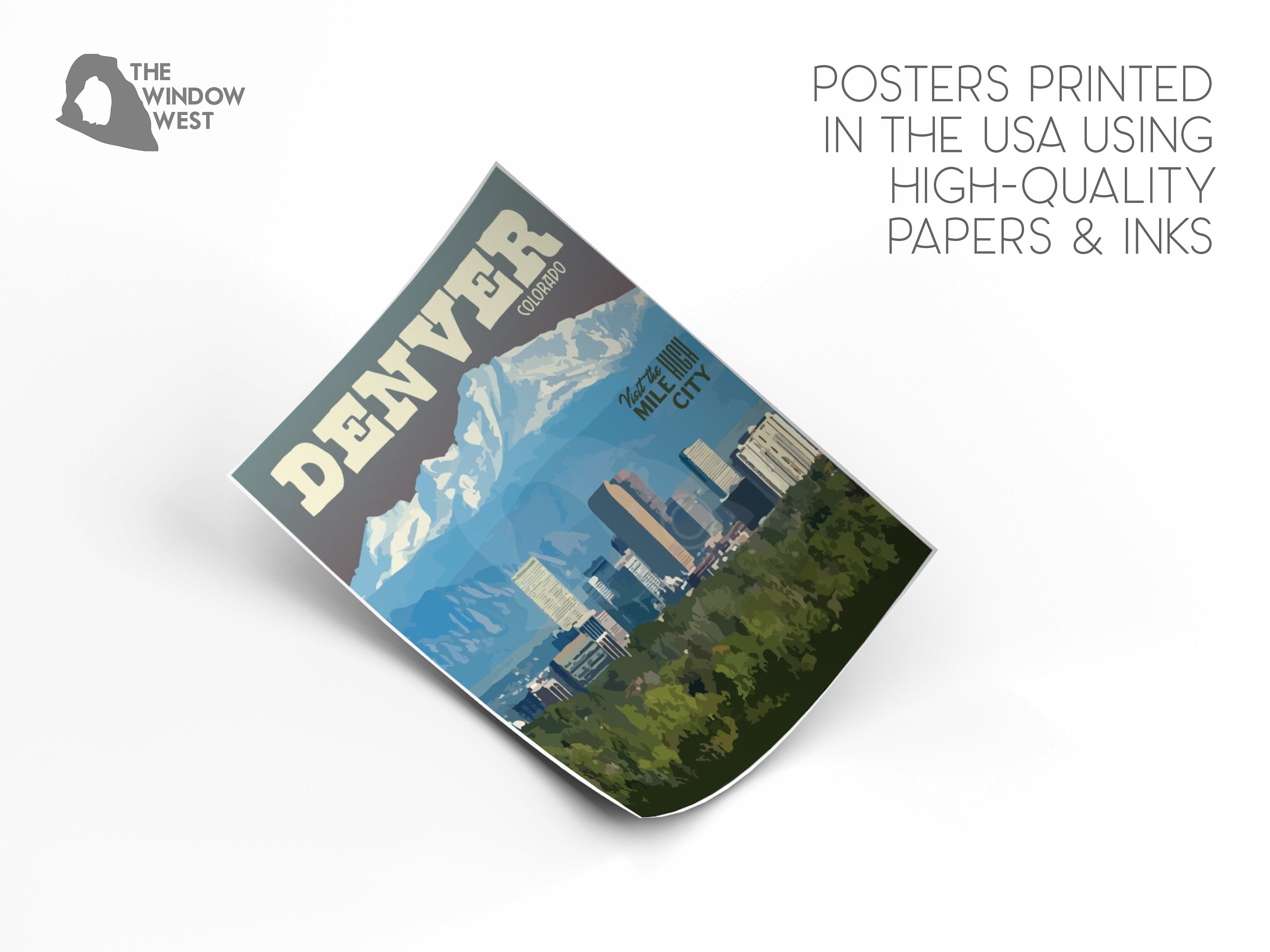 Denver Colorado Print, Downtown Denver Poster, Denver Mountains, Vintage Style Travel Art