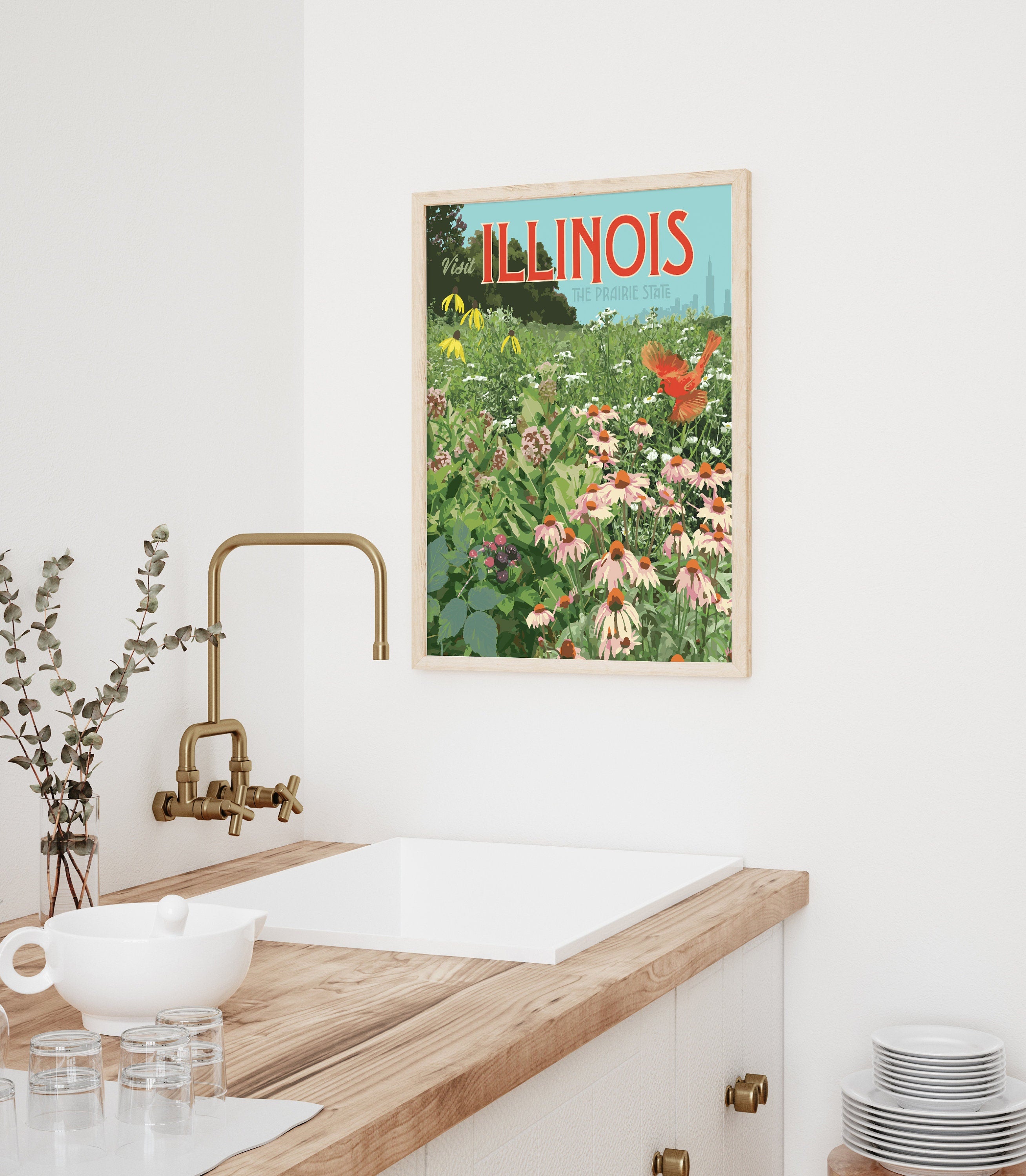 Illinois Wildflower Print, Illinois Prairie State Poster, Vintage Style Travel Art