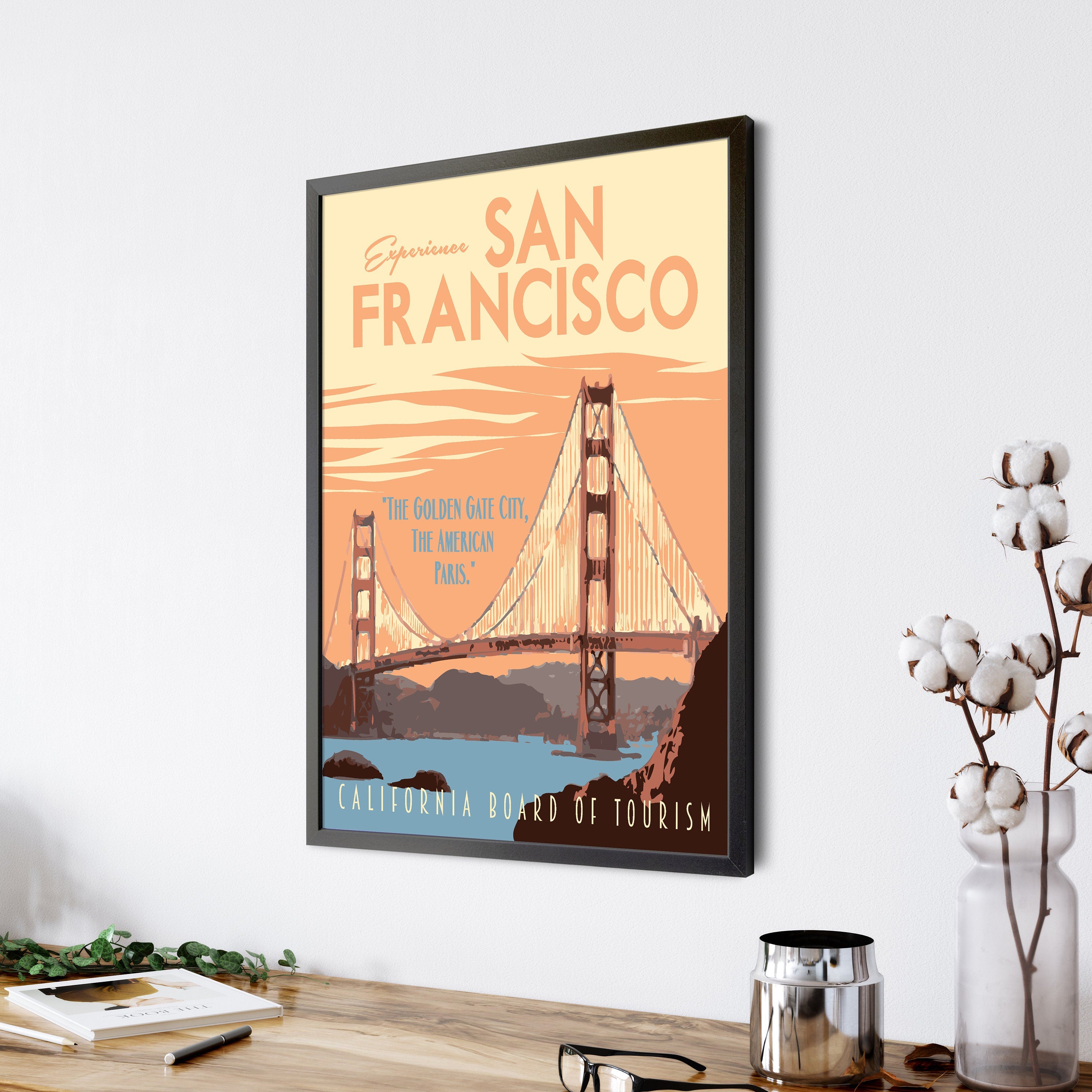 San Francisco California Print, Golden Gate Bridge Poster, San Francisco Vintage Style Travel Art