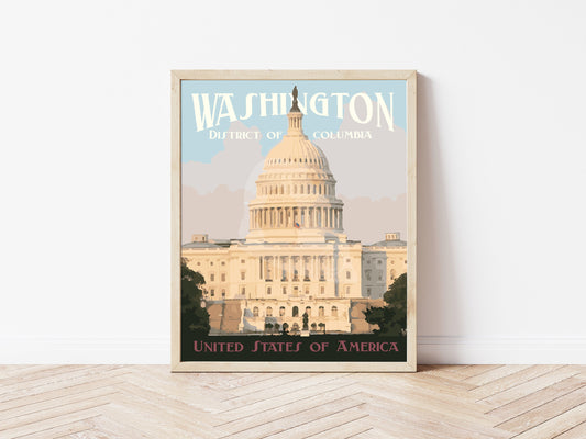 Washington DC Print, Washington DC Skyline Poster, Washington DC Vintage Style Travel Art