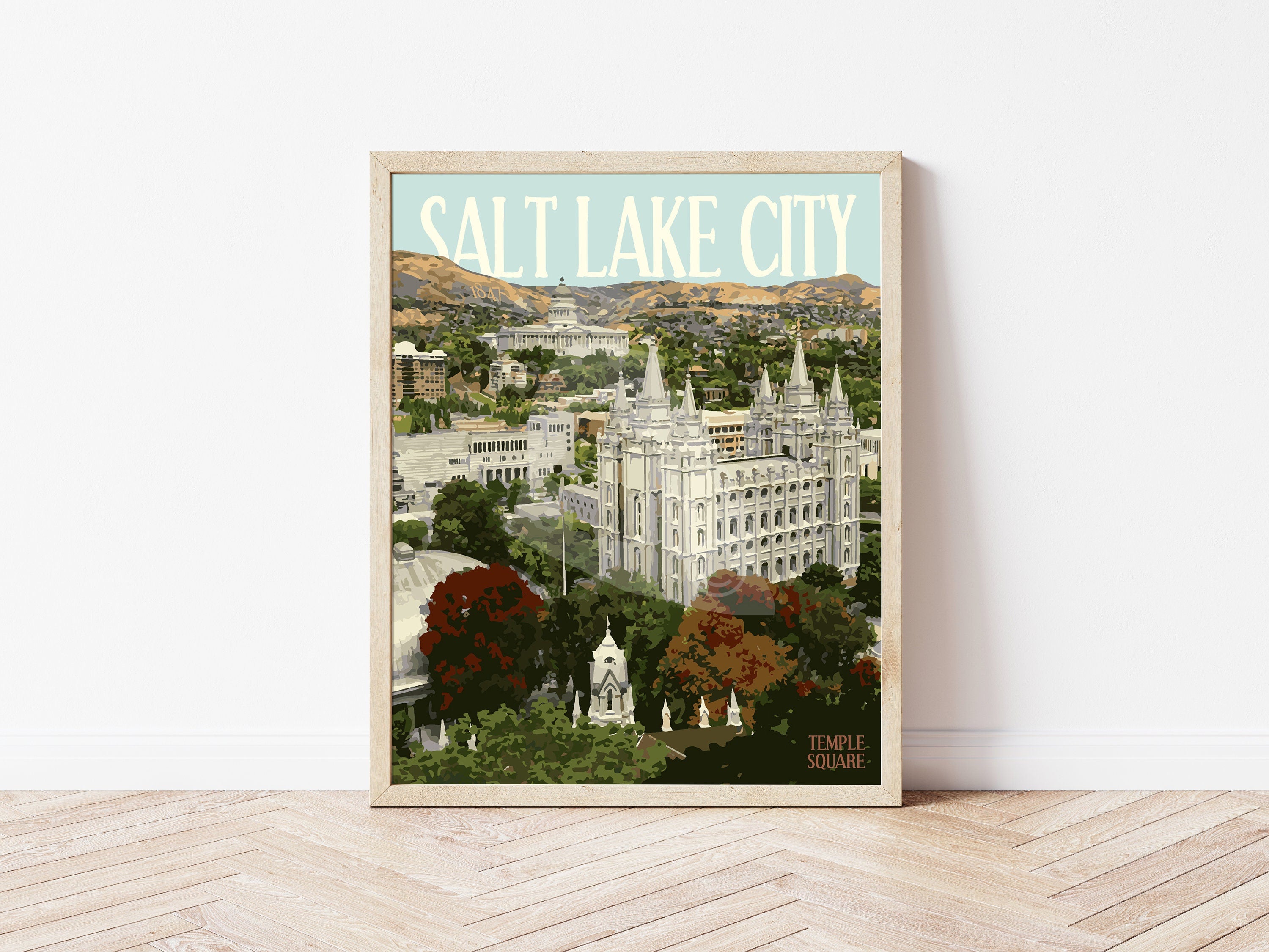 Salt Lake City Utah Print, Salt Lake City Downtown Poster, Salt Lake City Temple Poster, Vintage Style Travel Art