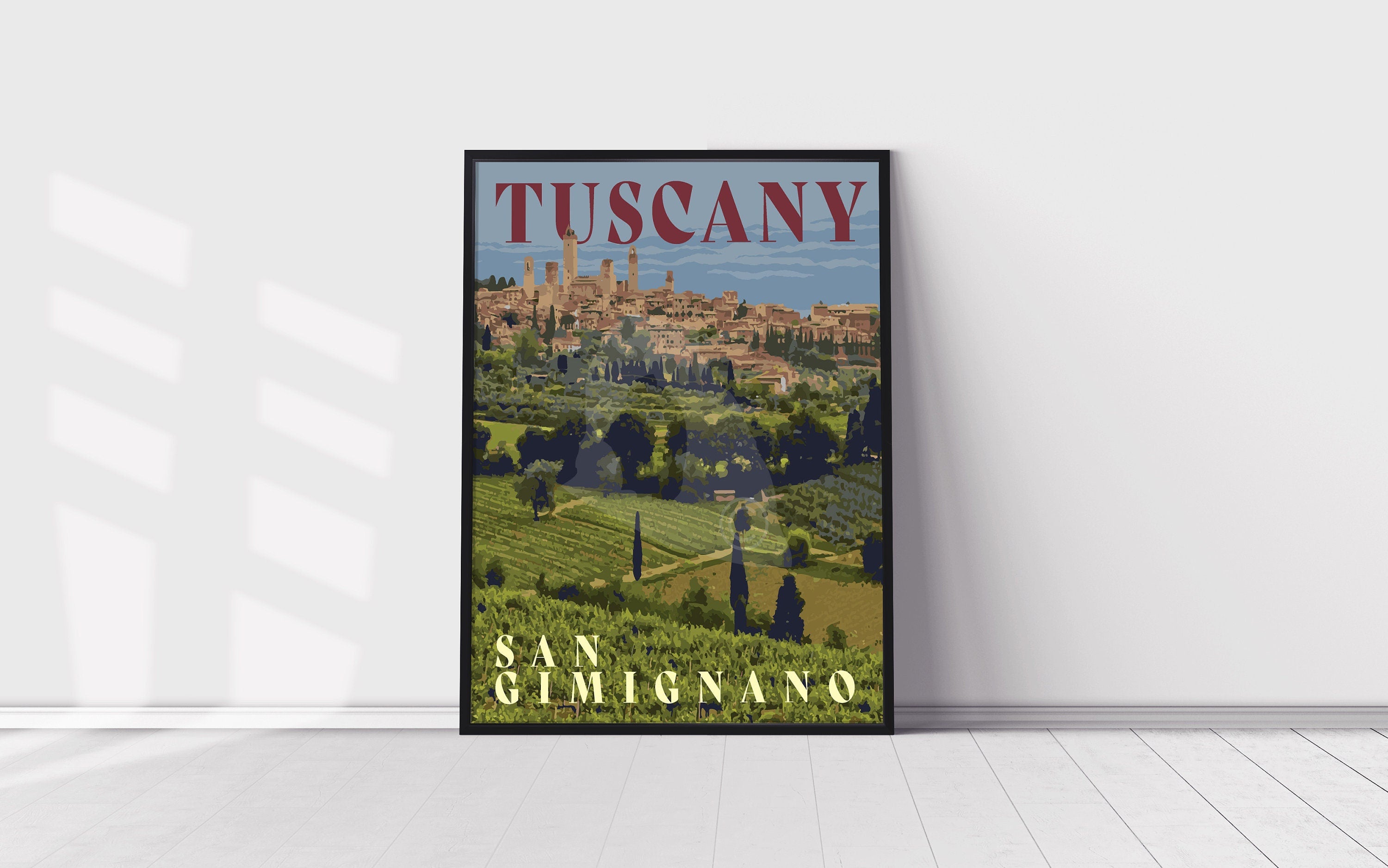 San Gimignano Print, Tuscany Italy Poster, Vintage Style Travel Art