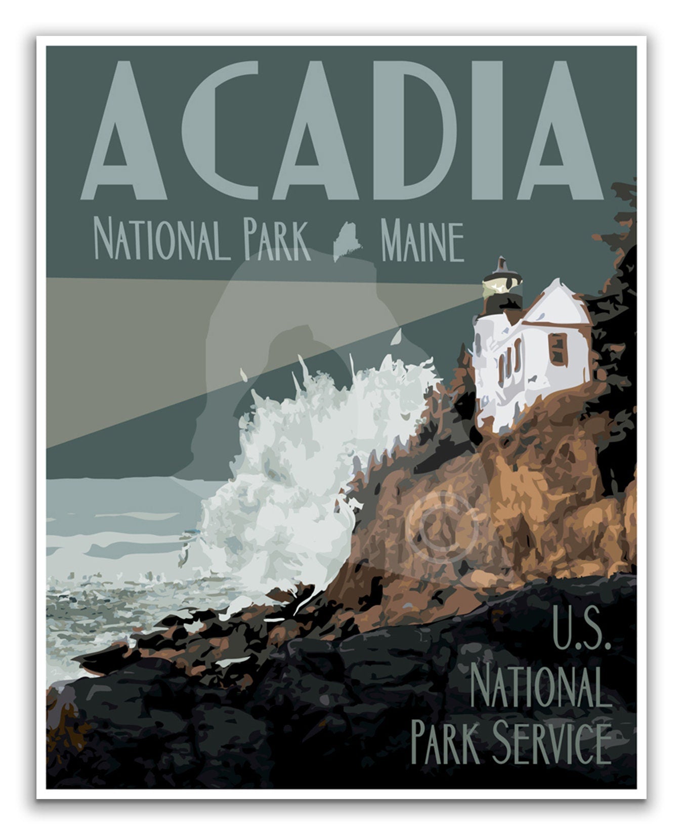 Acadia National Park Travel Poster, Acadia Lighthouse Poster, Vintage Travel Poster, National Park Poster