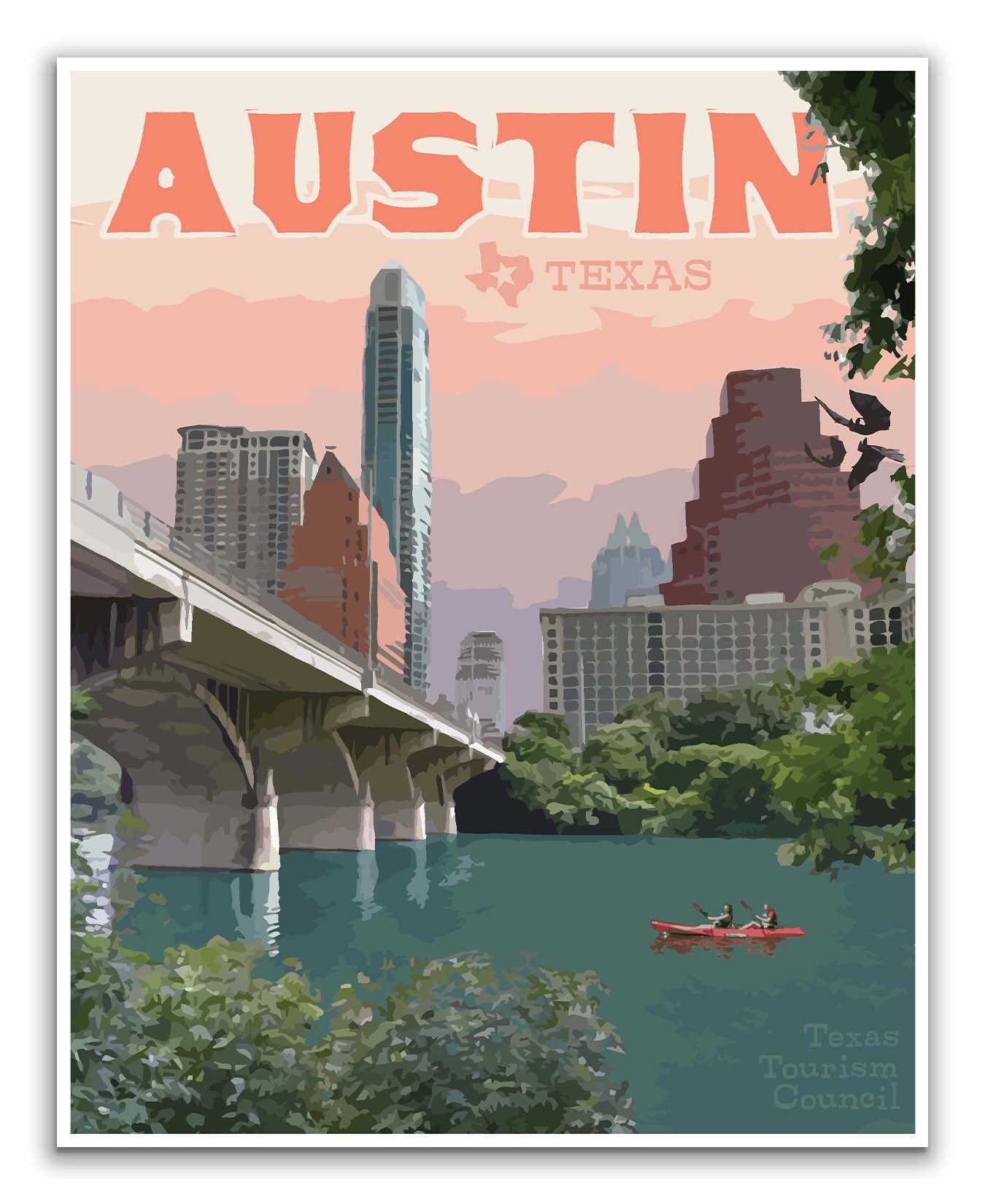 Austin Texas Vintage Style Travel Print, Austin City Print, Texas Art