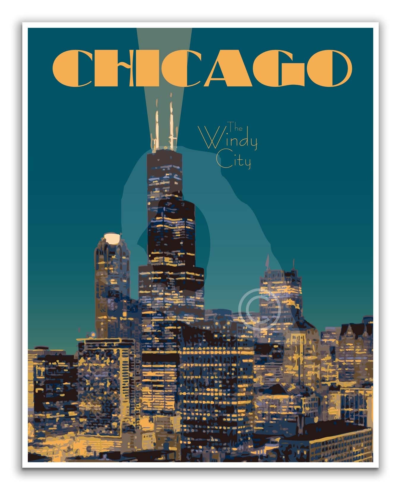 Chicago Illinois Travel Print, Chicago Cityscape Poster, Chicago Vintage Style Travel Art