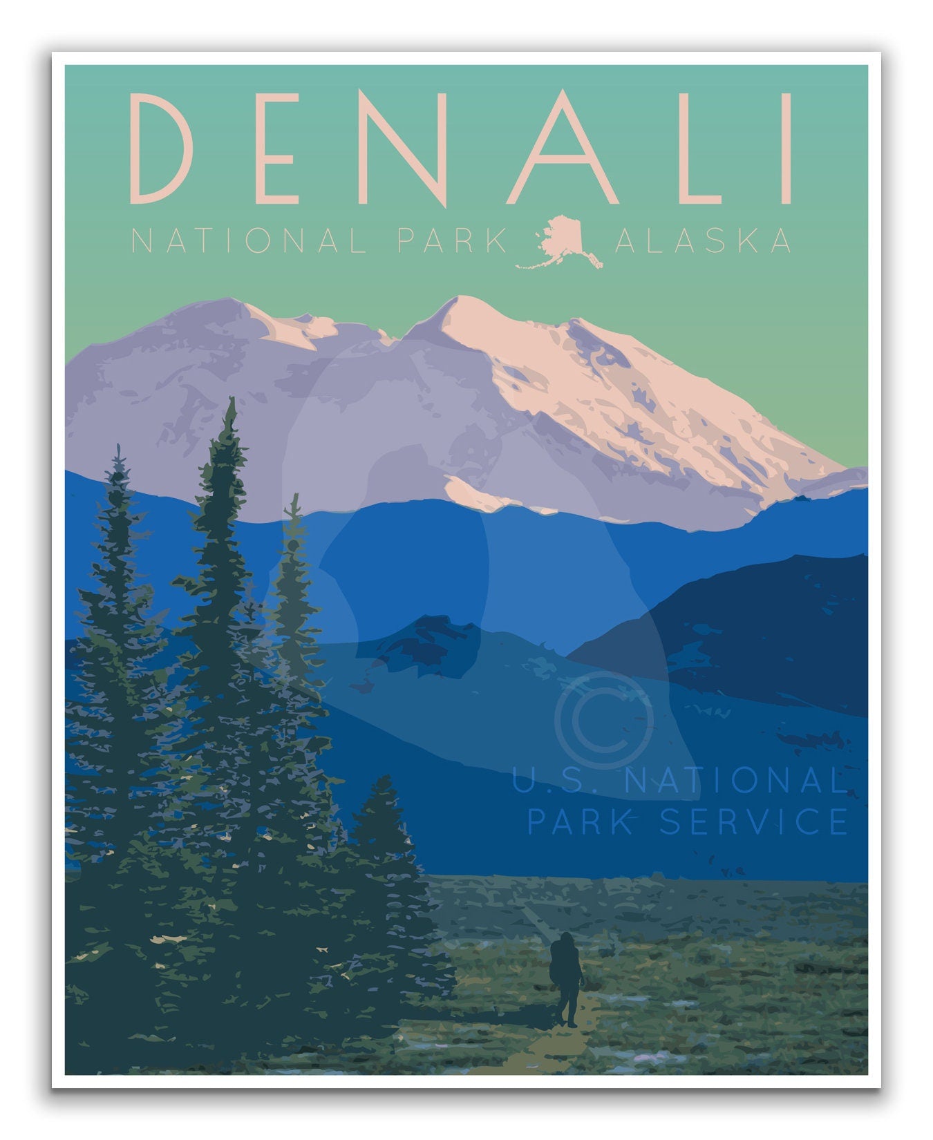 Denali National Park Print, Denali Alaska Poster, Alaska Vintage Style Travel Art