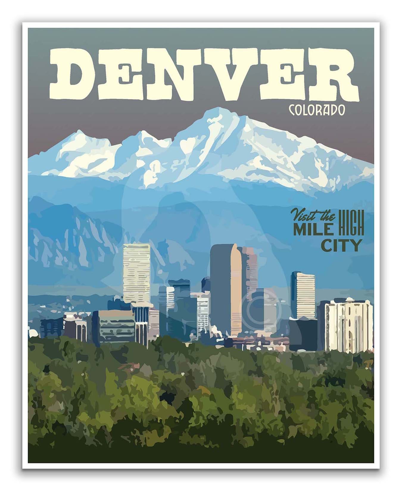 Denver Colorado Print, Downtown Denver Poster, Denver Mountains, Vintage Style Travel Art