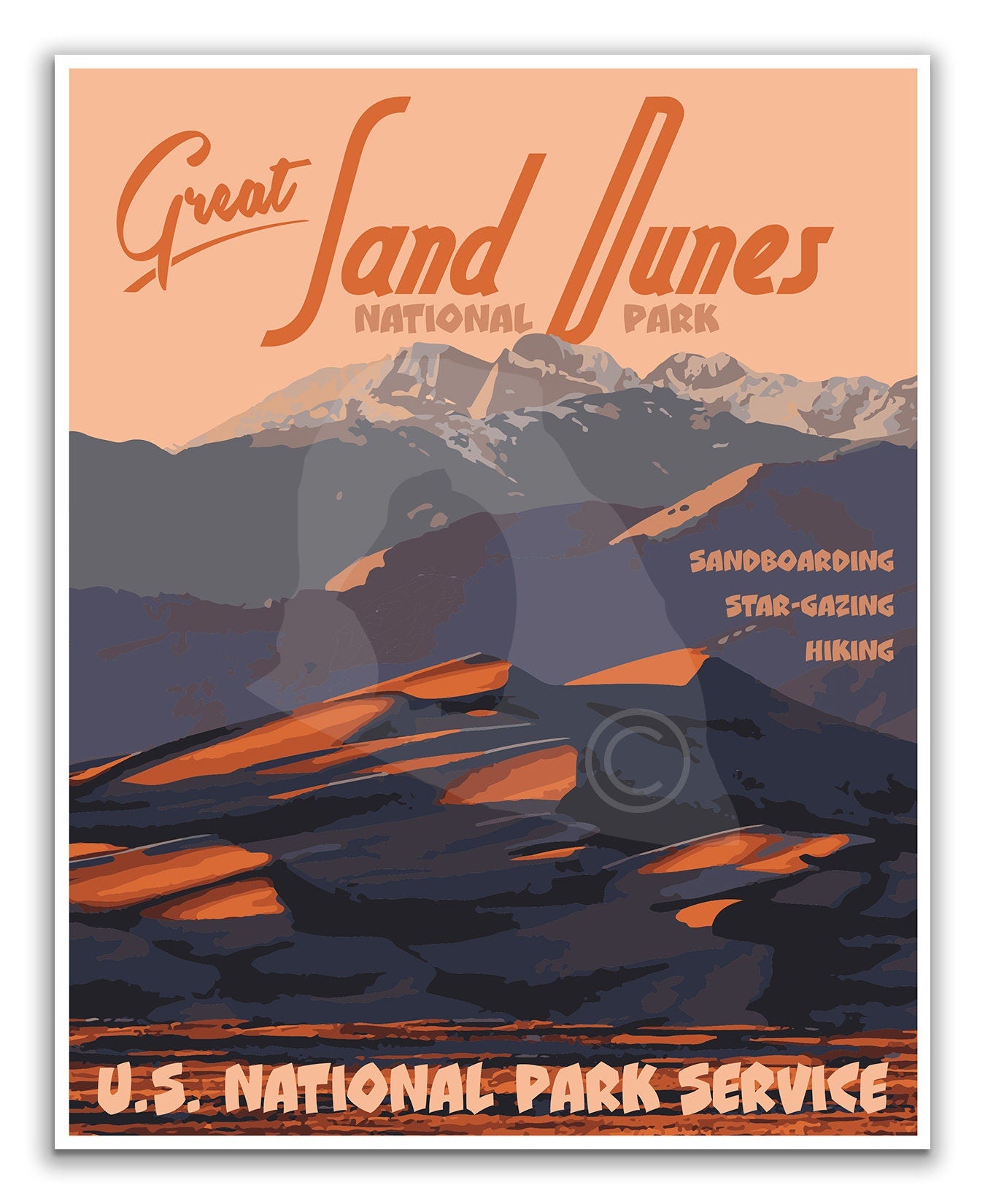 Great Sand Dunes National Park Print, Great Sand Dunes Colorado Poster, Vintage Style Travel Art