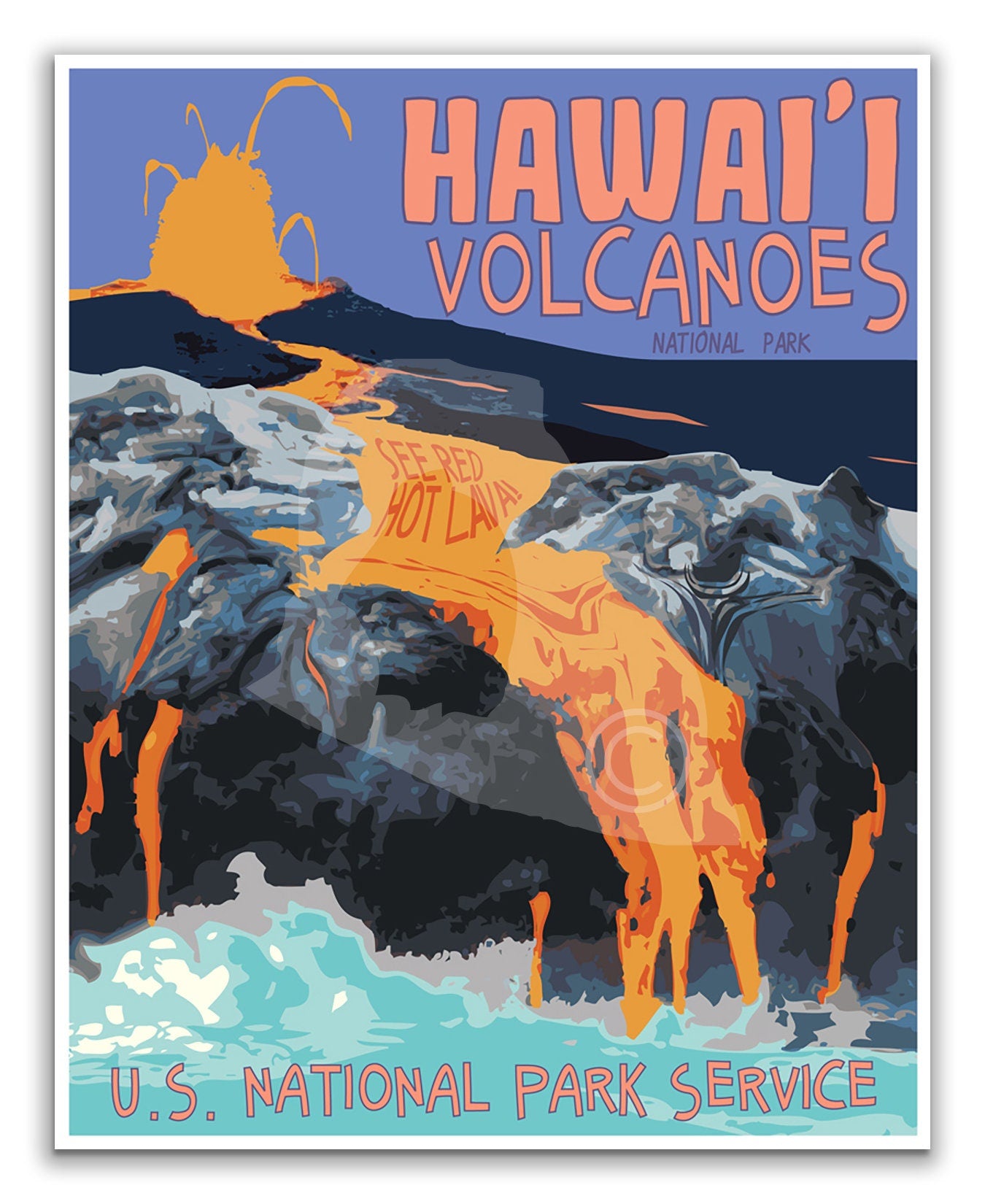 Hawaii Volcanoes National Park Print, Hawaii National Park Poster, Vintage Style Travel Art