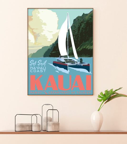 Kauai Hawaii Print, Napali Coast Poster, Kauai Napali Coast Sailing Print, Vintage Style Travel Art