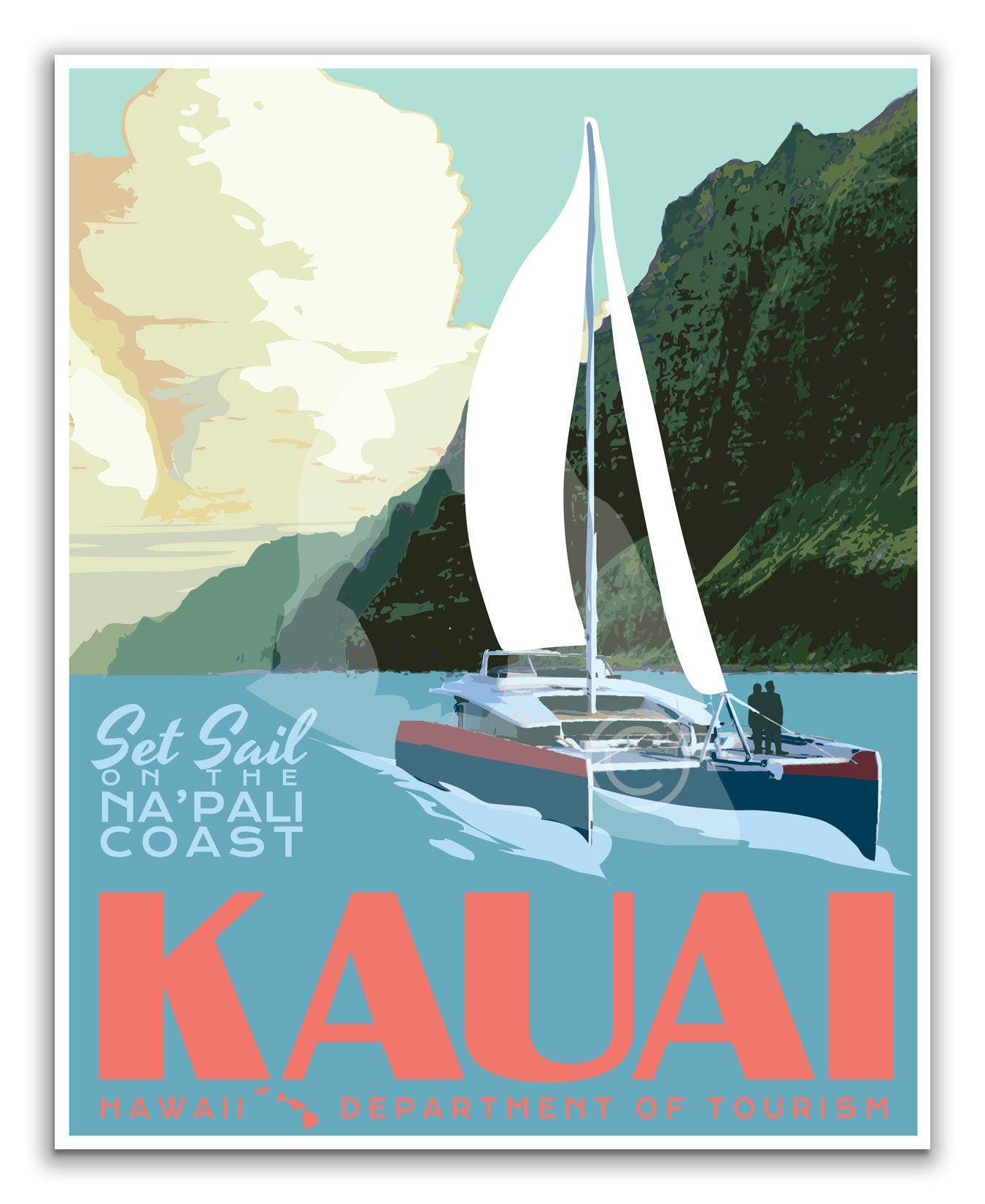 Kauai Hawaii Print, Napali Coast Poster, Kauai Napali Coast Sailing Print, Vintage Style Travel Art