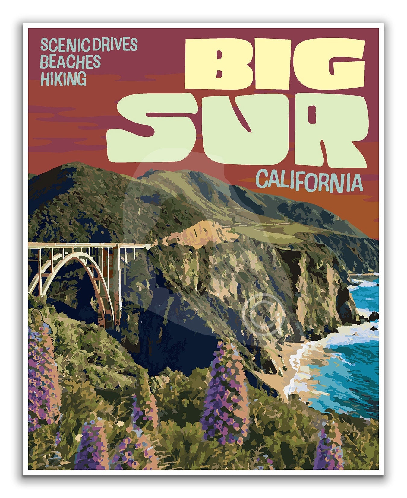 Big Sur California Travel Poster, Big Sur National Forest Poster, California Poster, Big Sur Art