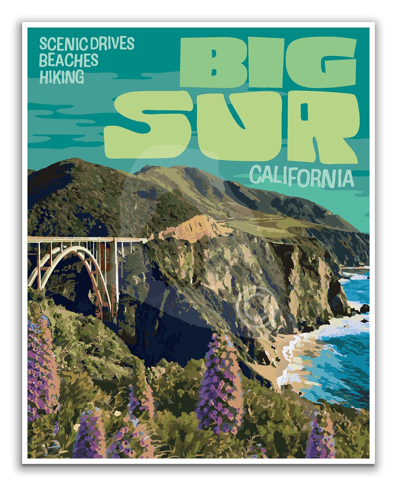 Big Sur California Travel Poster, Big Sur National Forest Poster, California Poster, Big Sur Art