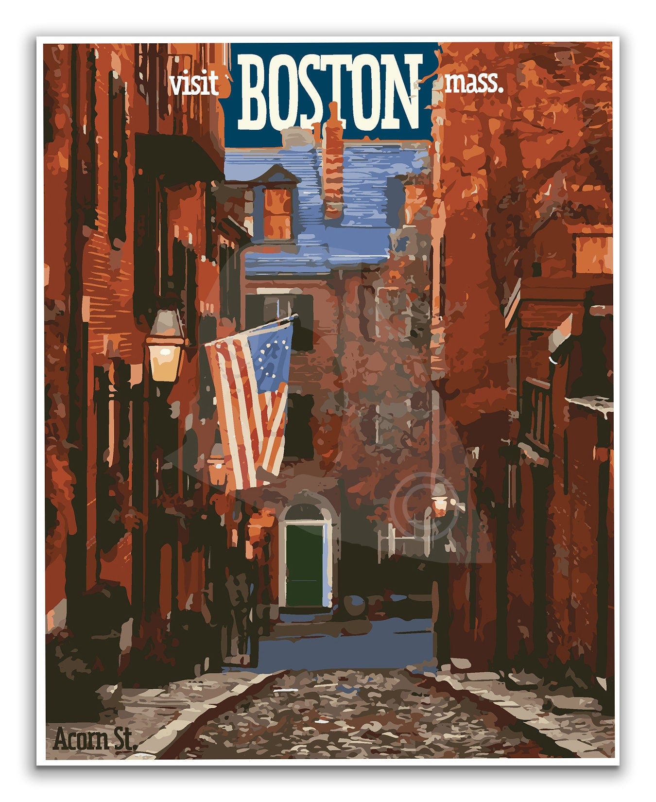 Boston Acorn Street Vintage Style Travel Poster, Boston Print