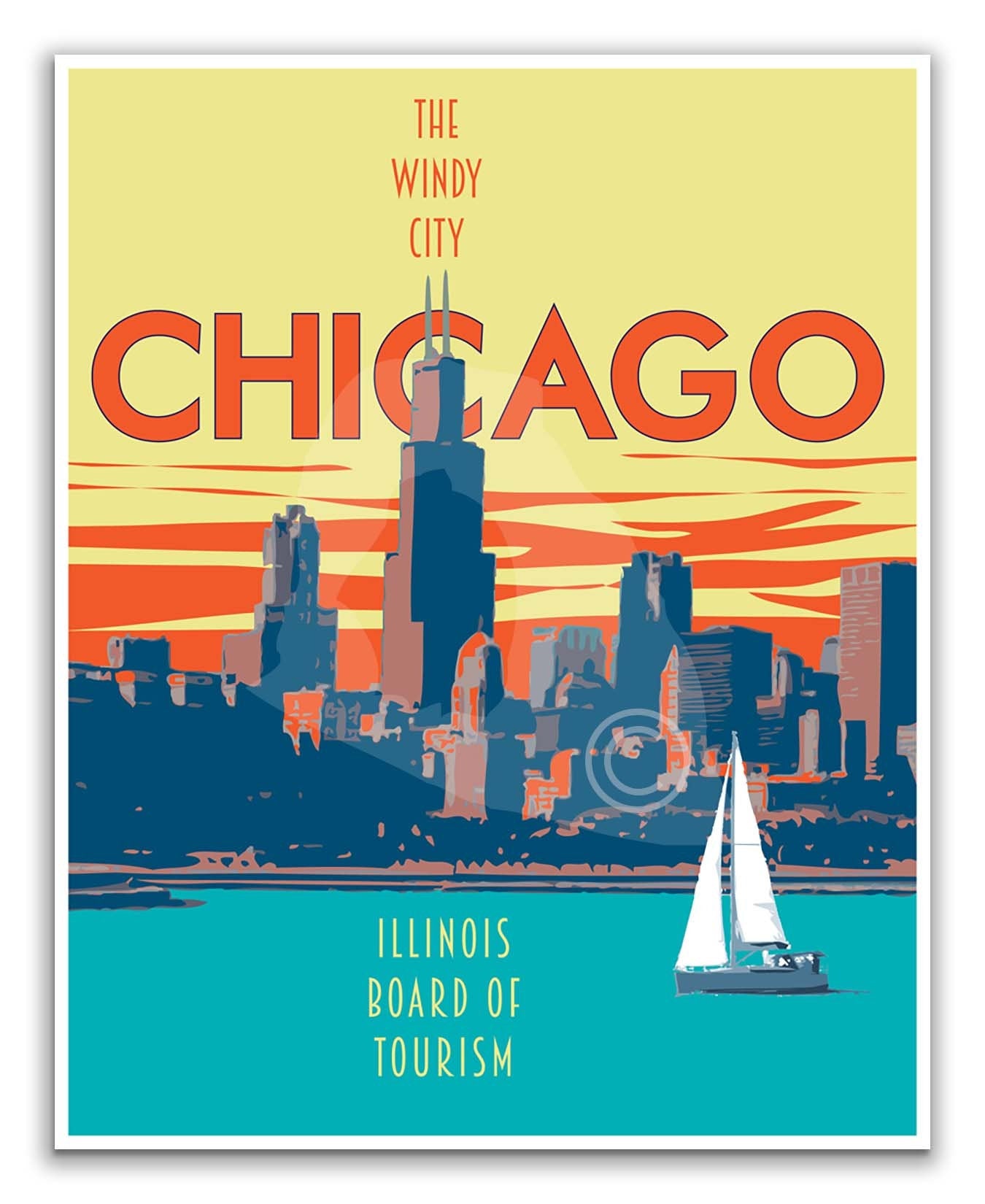 Chicago Illinois Travel Print, Chicago Cityscape Poster, Vintage Style Travel Poster, Chicago Lakefront Art