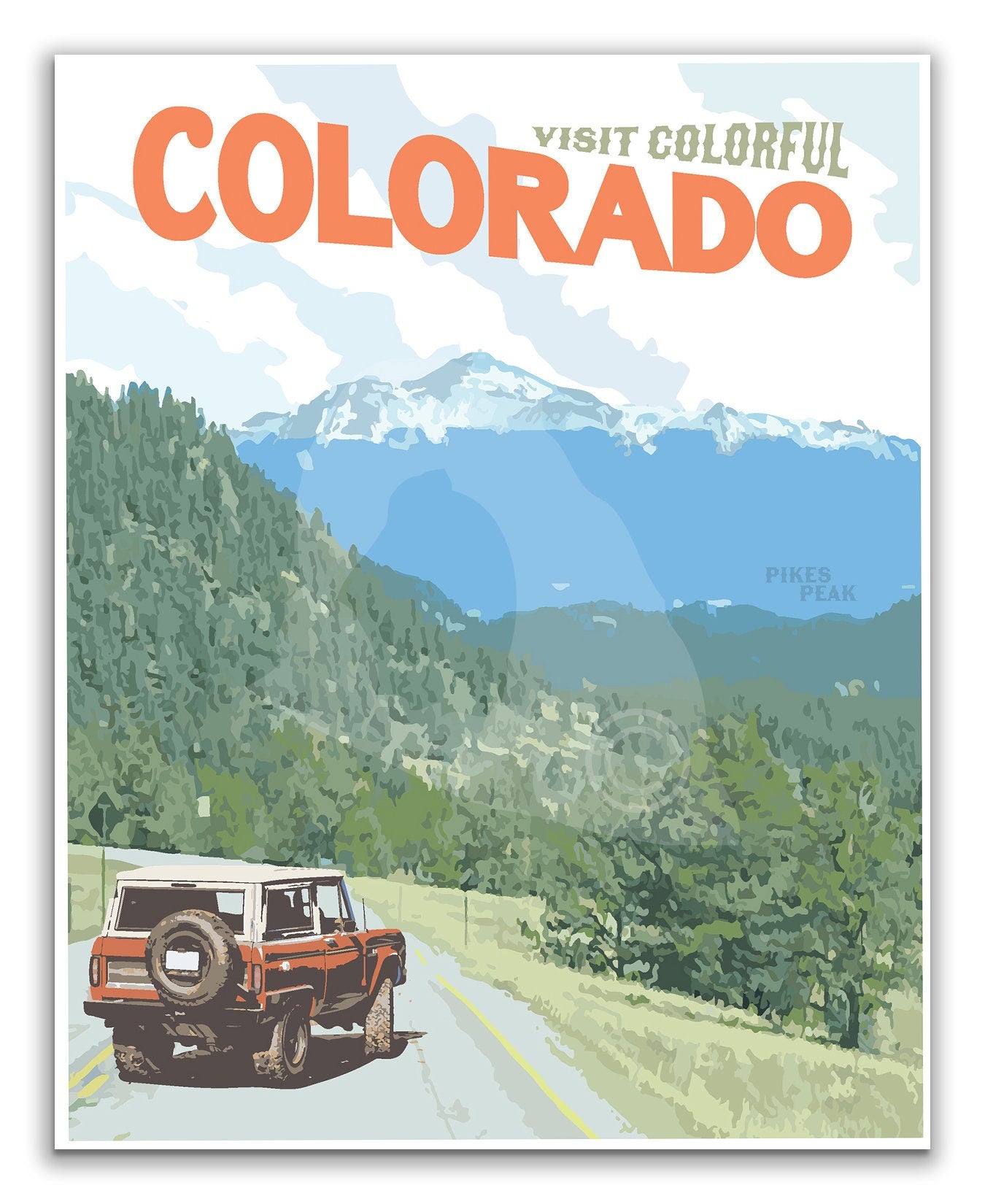 Colorado Pikes Peak Print, Colorado Mountain Poster, Colorado Vintage Style Travel Art