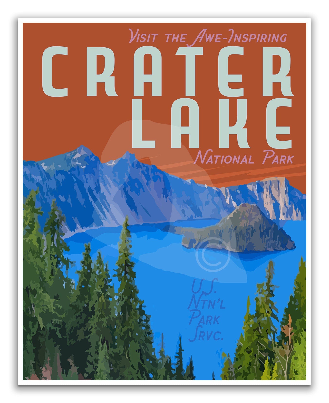 Crater Lake National Park Print, Crater Lake Oregon Poster, Oregon Vintage Style Travel Art
