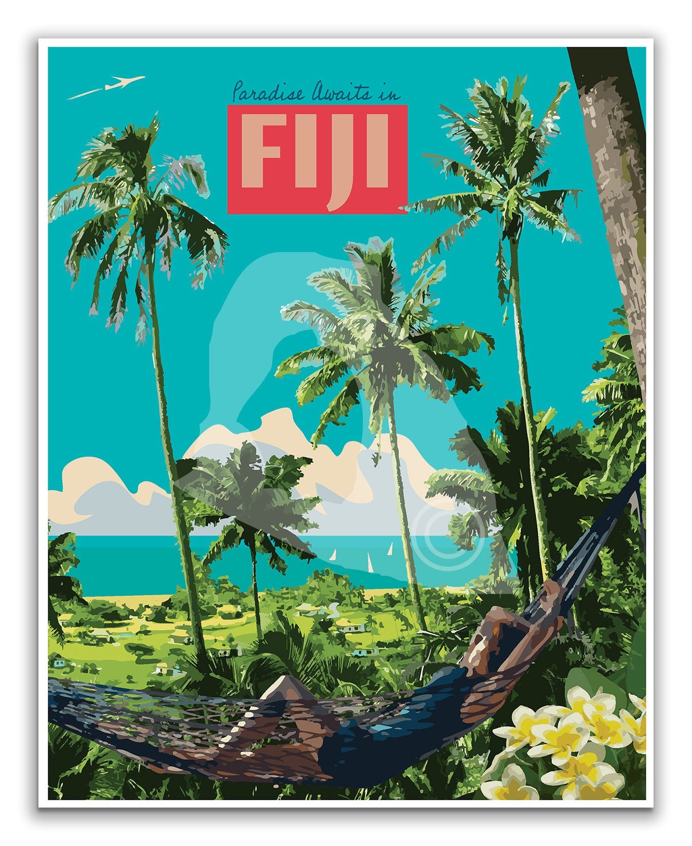 Fiji Beach Print, Fiji Poster, Fiji Vintage Style Travel Art