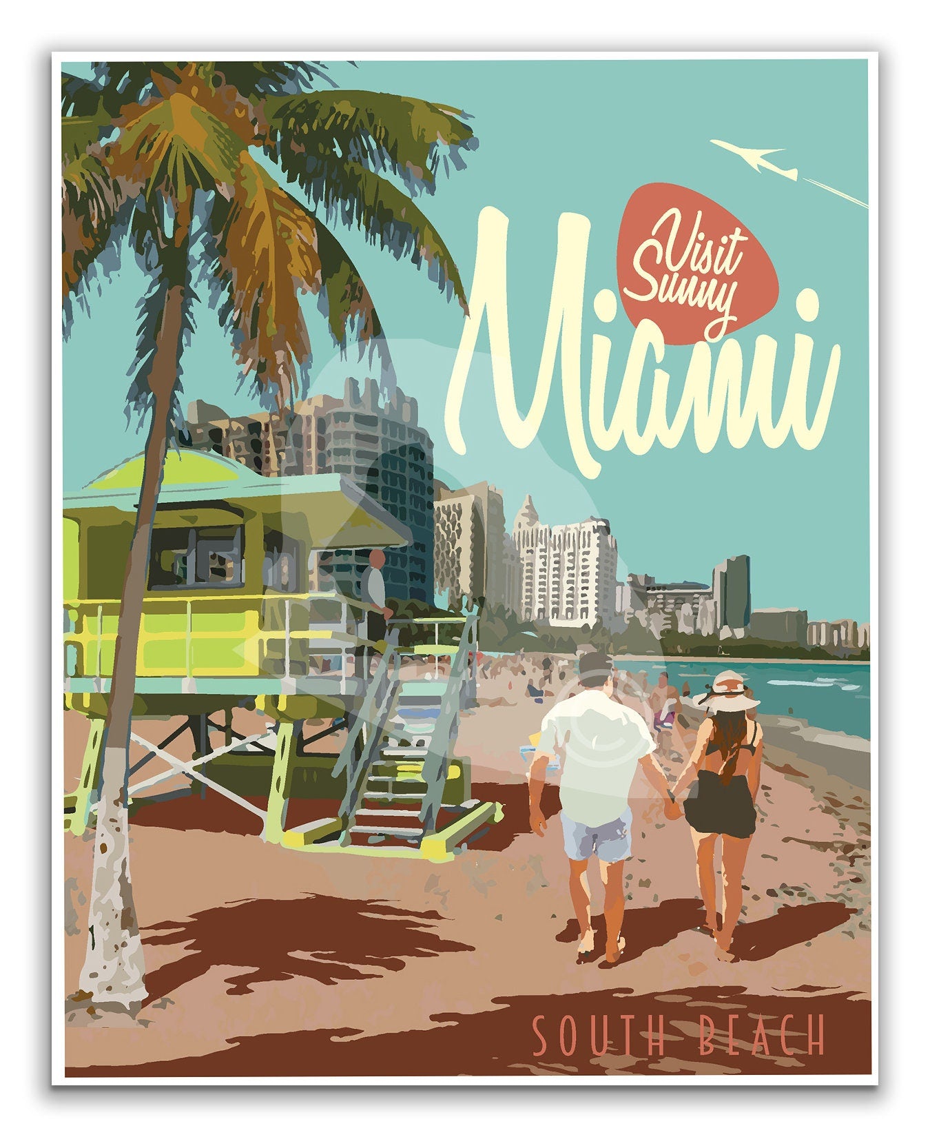 Miami Florida Print, Miami South Beach Poster, Florida Vintage Style Travel Art