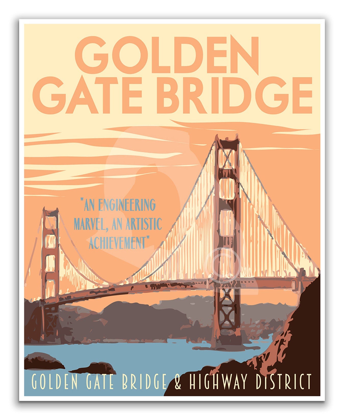 Golden Gate Bridge Print, San Francisco Poster, California Vintage Style Travel Art