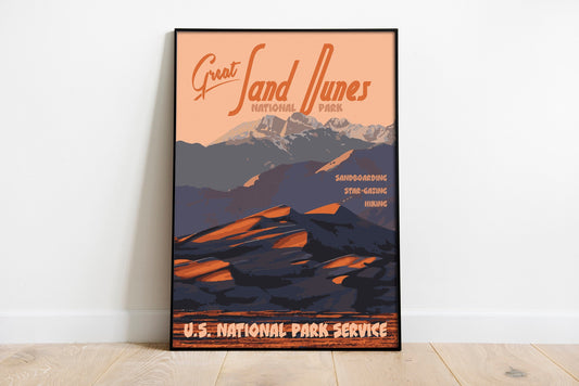 Great Sand Dunes National Park Print, Great Sand Dunes Colorado Poster, Vintage Style Travel Art