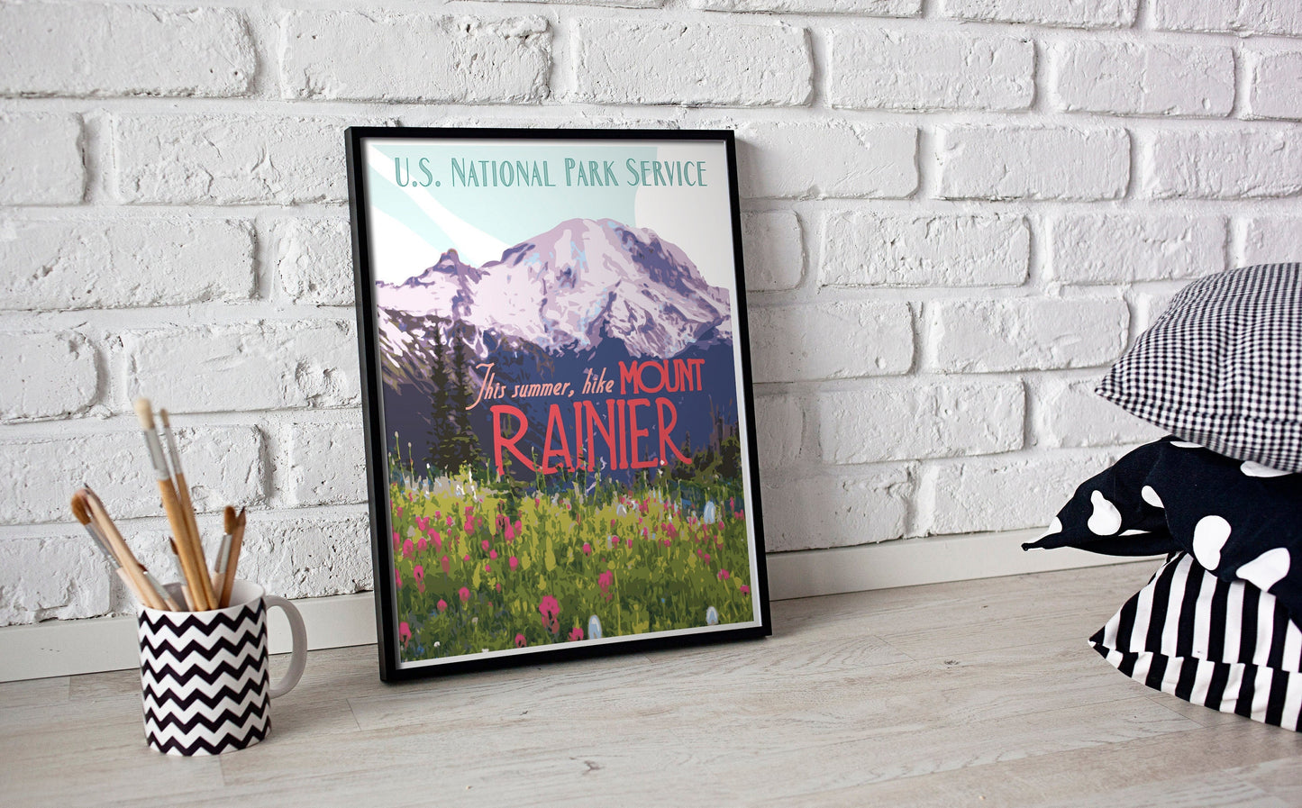 Mount Rainier National Park Print, Mount Rainier Washington Wildflower Poster, Vintage Style Travel Art