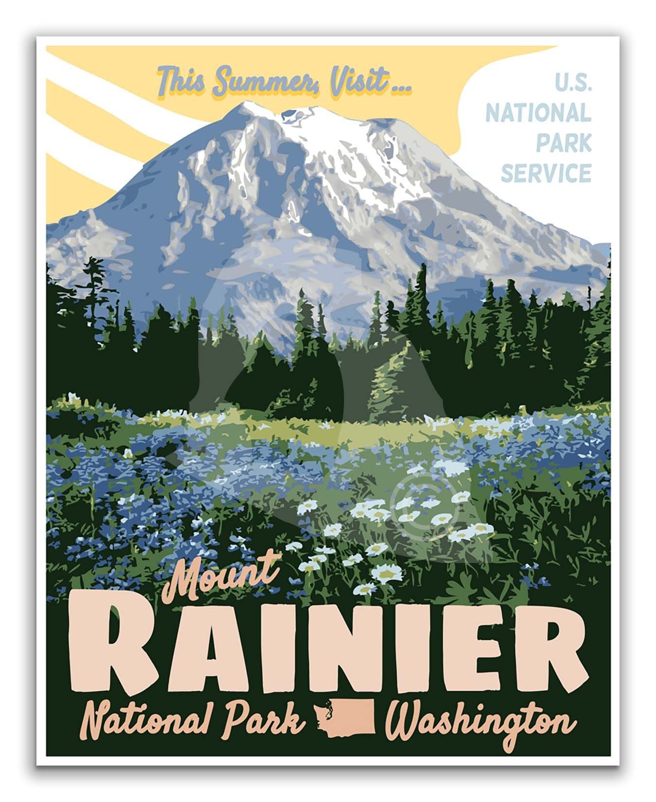 Mount Rainier National Park Print, Mount Rainier Washington Poster, Vintage Style Travel Art