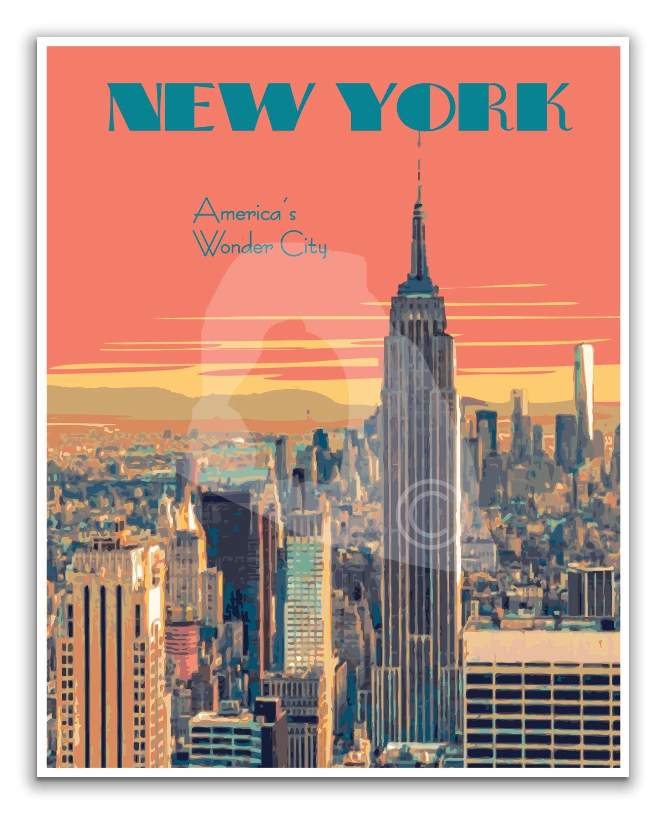 New York City Print, New York Cityscape Poster, Vintage Style Travel Art