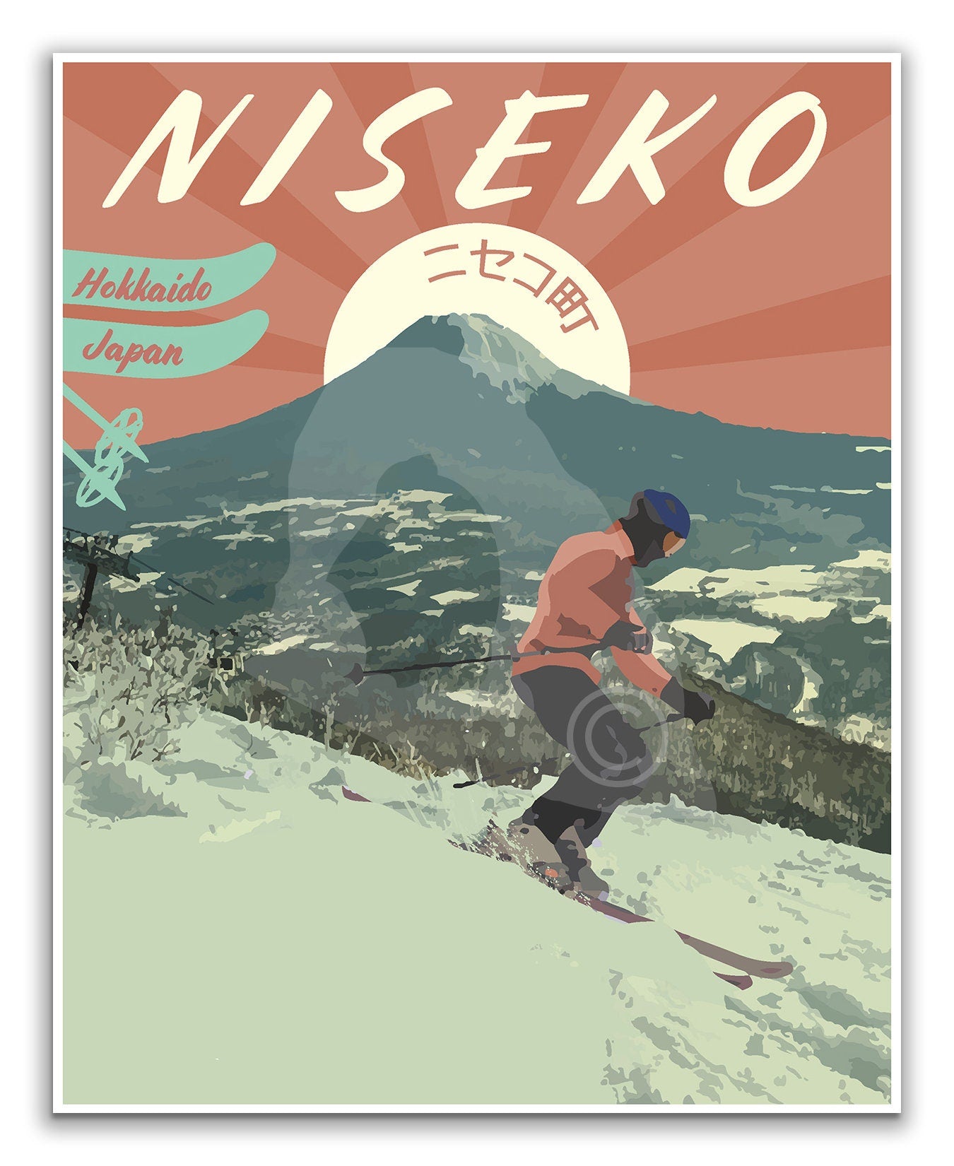 Niseko Japan Skiing Print, Niseko Ski Poster, Japan Vintage Style Travel Art
