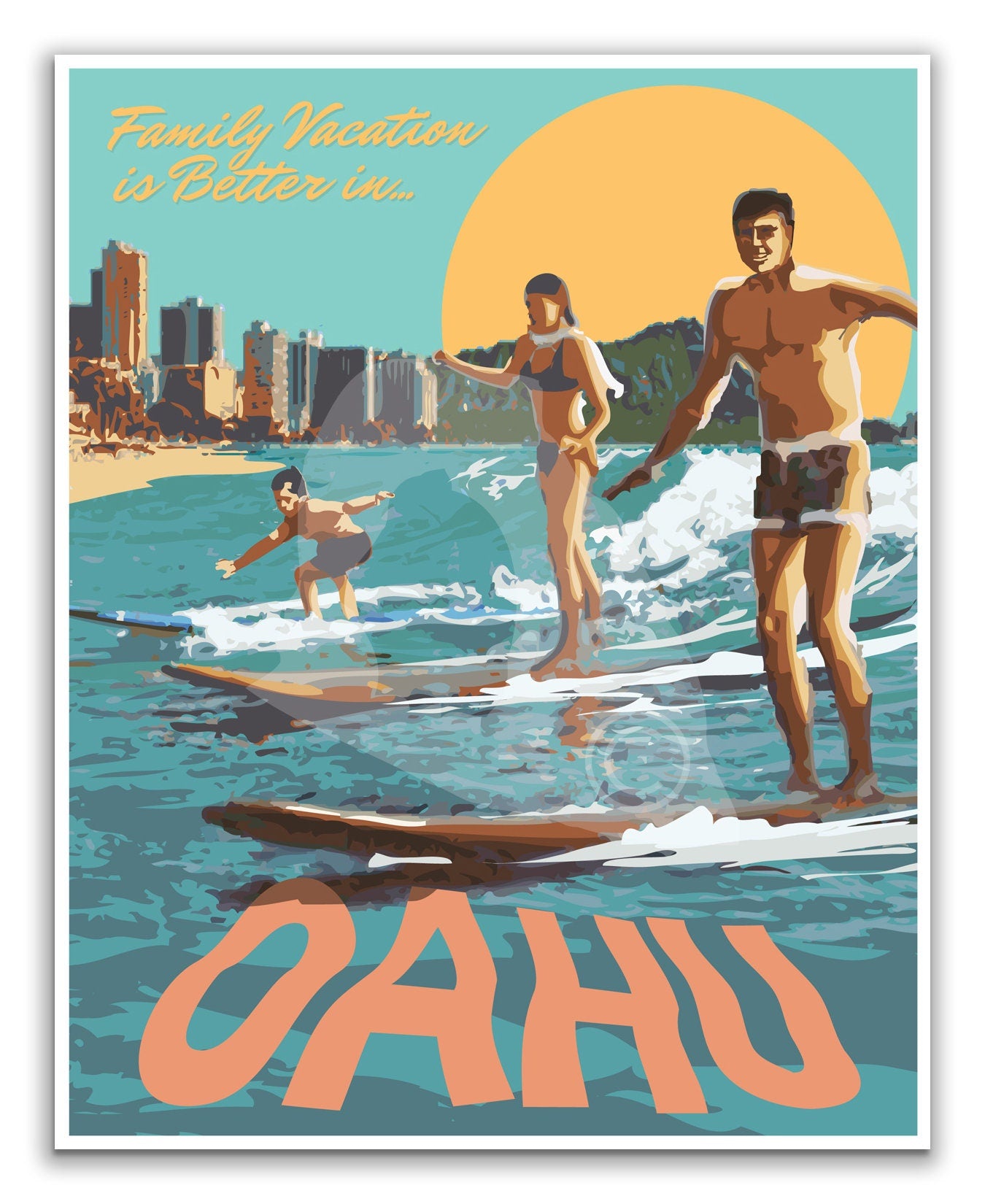 Oahu Hawaii Print, Oahu Hawaii Surfing Poster, Oahu Beach Print, Vintage Style Travel Art