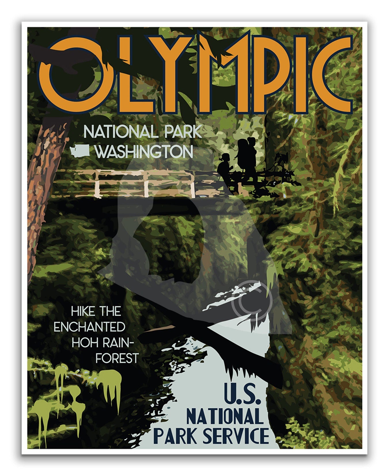 Olympic National Park Print, Olympic Washington Rain Forest Poster, Olympic Vintage Style Travel Art