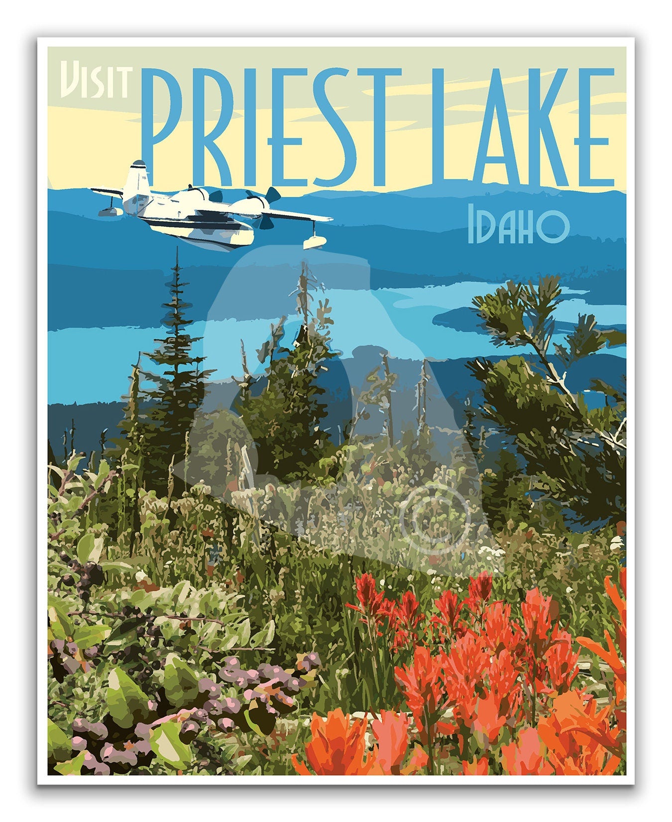 Priest Lake Idaho Print, Priest Lake Poster, Vintage Style Travel Art