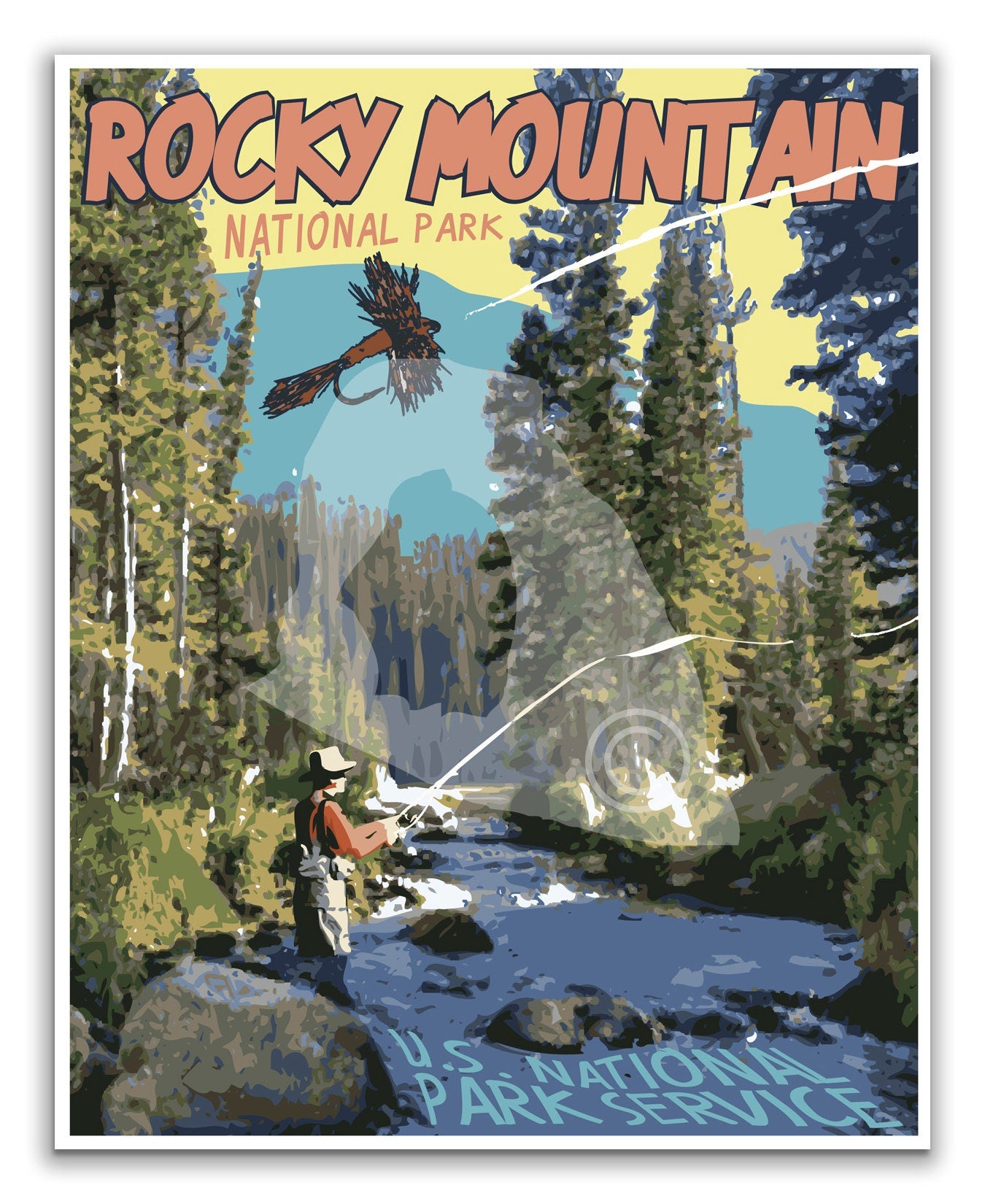 Rocky Mountain National Park Print, Rocky Mountain Colorado Fly-fishing Poster, Colorado Vintage Style Travel Art