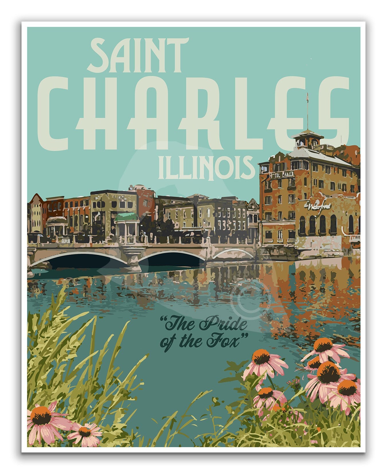 Saint Charles Illinois Print, St. Charles Illinois Poster, Fox Valley Tri-Cities Print, Vintage Style Travel Art