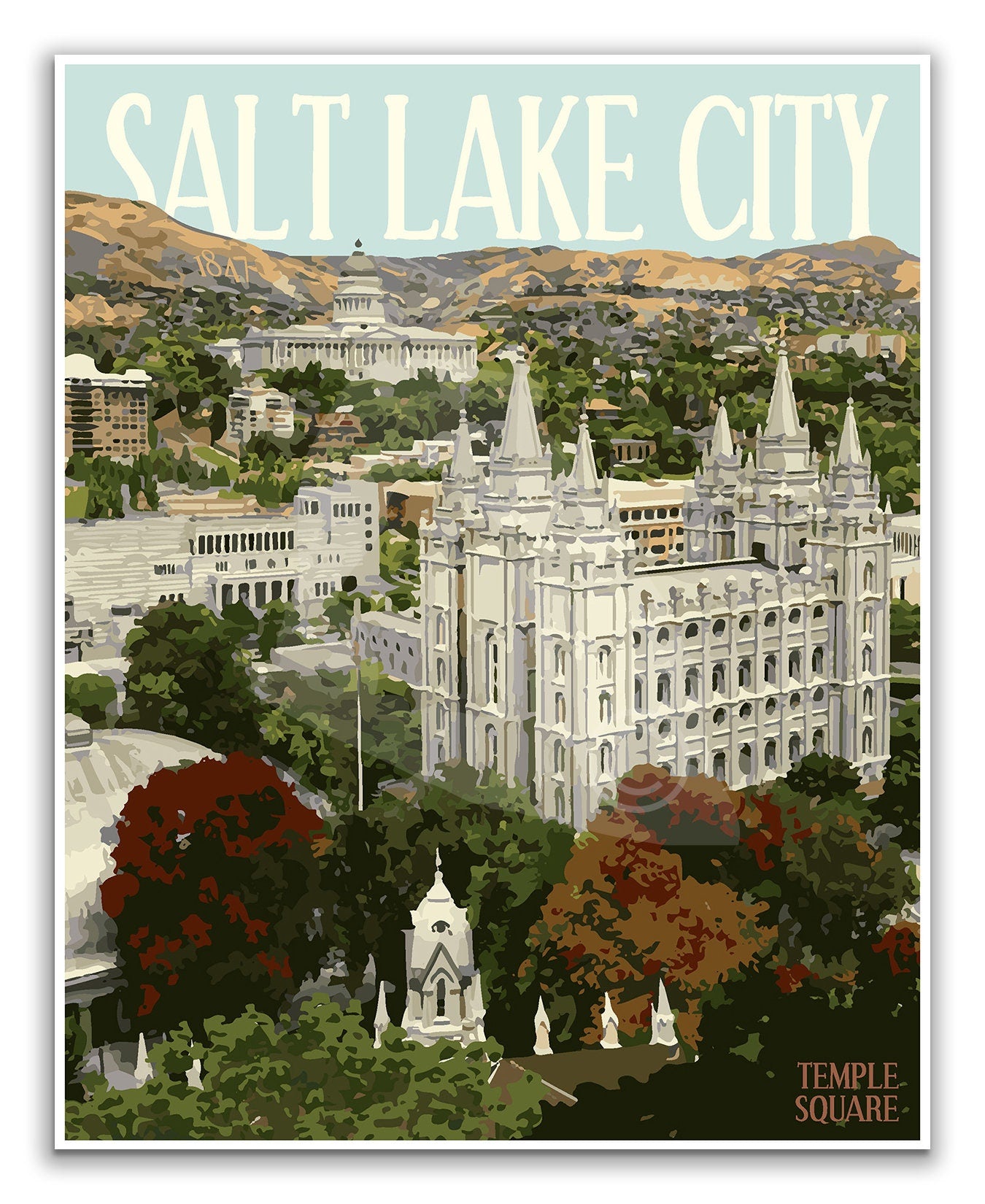 Salt Lake City Utah Print, Salt Lake City Downtown Poster, Salt Lake City Temple Poster, Vintage Style Travel Art