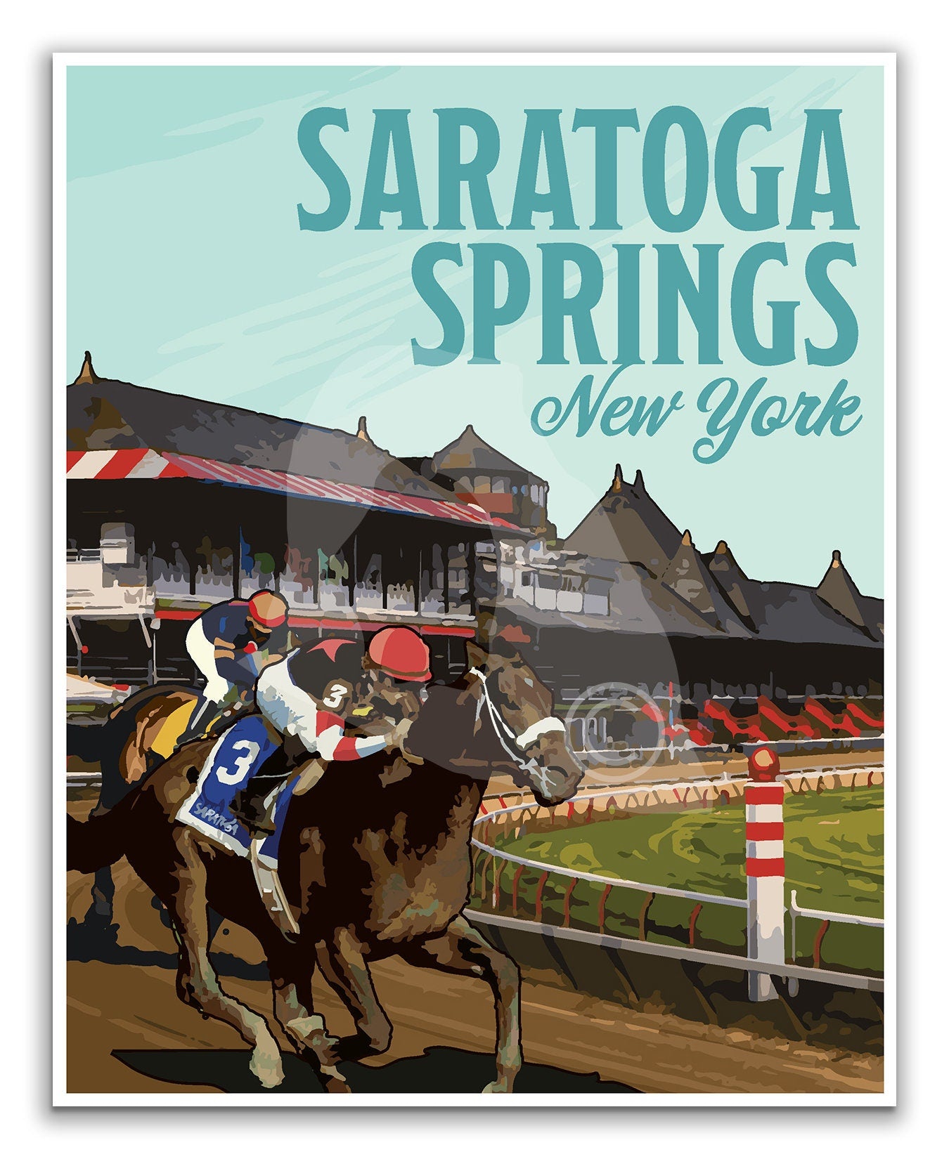 Saratoga Springs New York Print, Saratoga Spring Horse Racetrack Poster, New York Vintage Style Travel Art