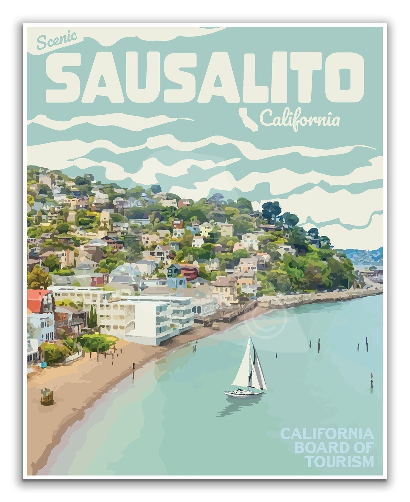 Sausalito California Print, Sausalito California Beach Poster, California Sailing Print, Vintage Style Travel Art