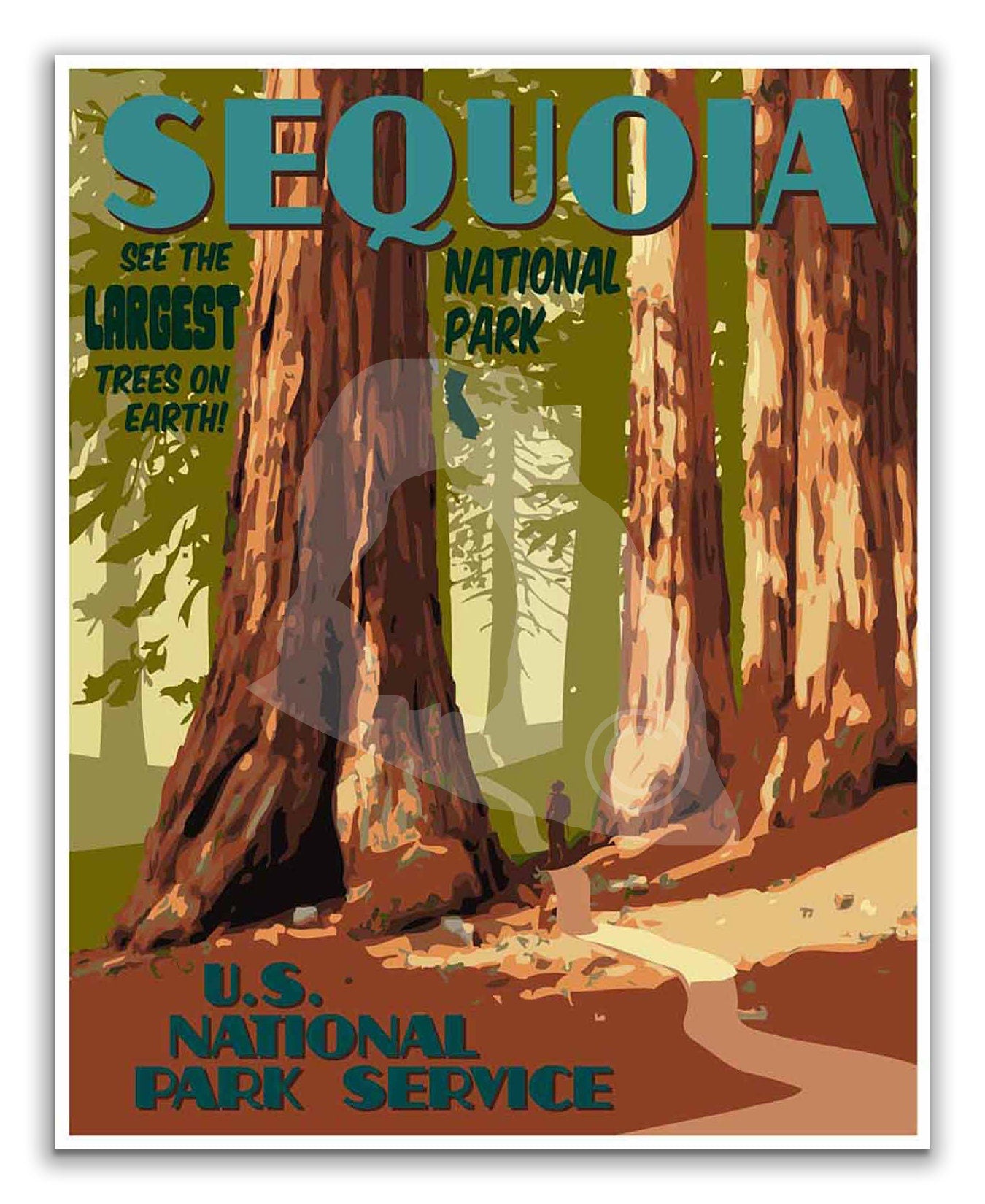 Sequoia National Park Print, Sequoia Redwoods Poster, California Vintage Style Travel Art